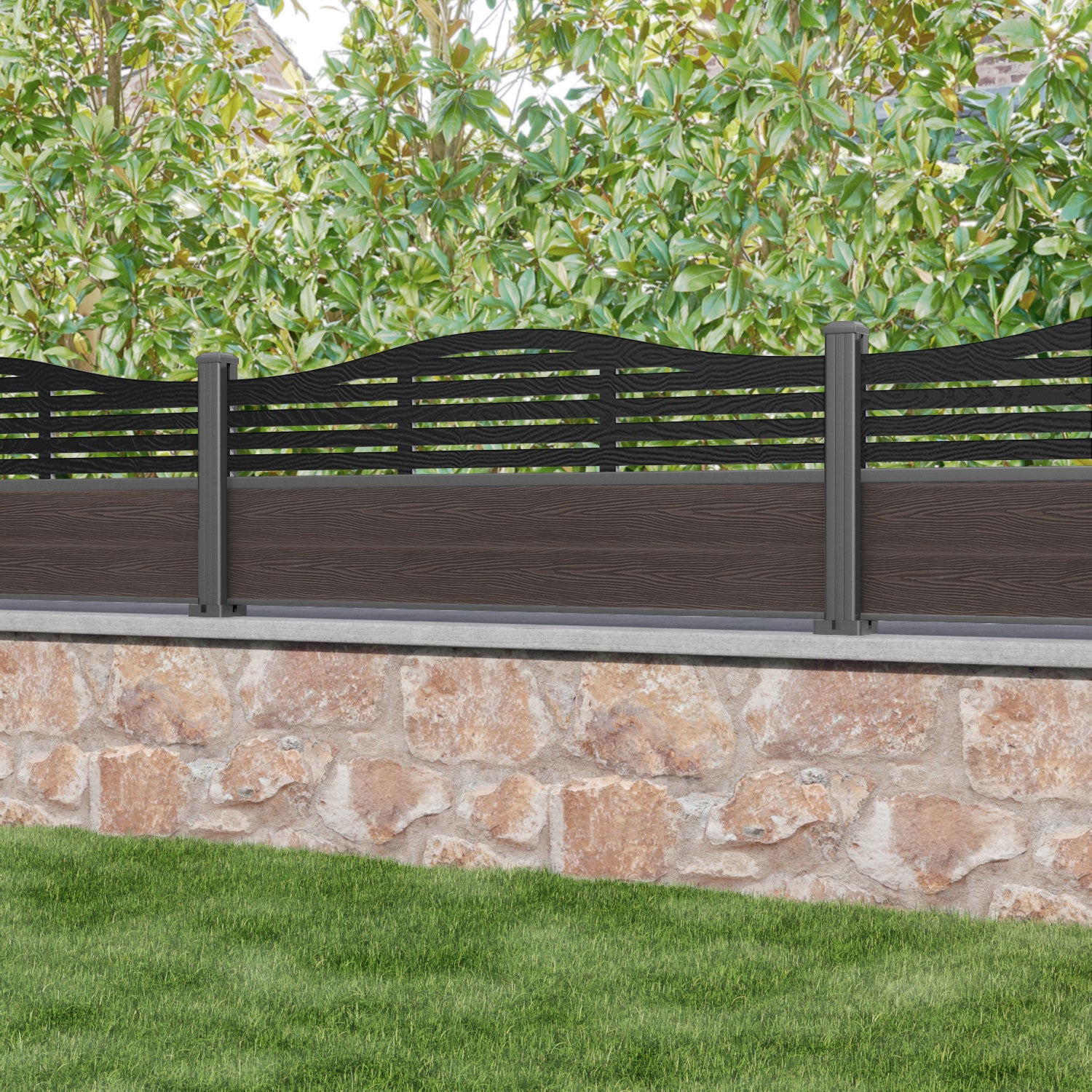 Classic Aspen Curved Top Fence Panel - Mid Brown Wood Privacy Fence with Aluminum Posts | Durable Outdoor Garden Fence for Backyard, Patio, and Poolside Landscaping