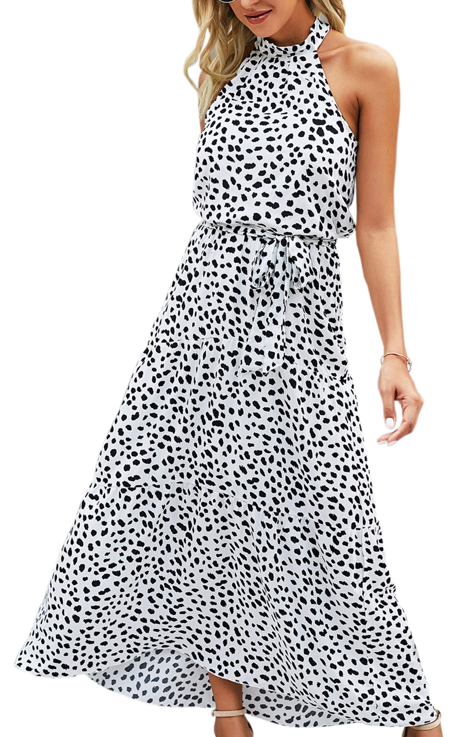 ECOWISH Women's Summer Dresses 2023 - Boho Floral Maxi Sun Dress with Halter Neck, Flowy Beach & Party Dress for Women | Perfect for Vacations, Weddings & Outdoor Events