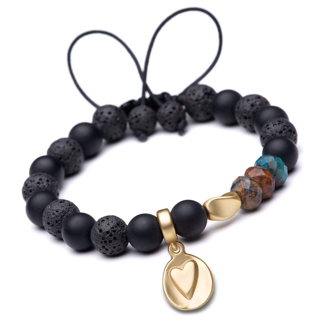 Karseer Adjustable Lava Stone Essential Oil Diffuser Bracelet with Heart Charm & Guardian Stone - Gemstone Crystal Healing Jewelry for Anxiety Relief, Yoga & Meditation - Perfect Gift for Women & Girls (Ideal for Aromatherapy, Stress Relief & Spiritual Healing)