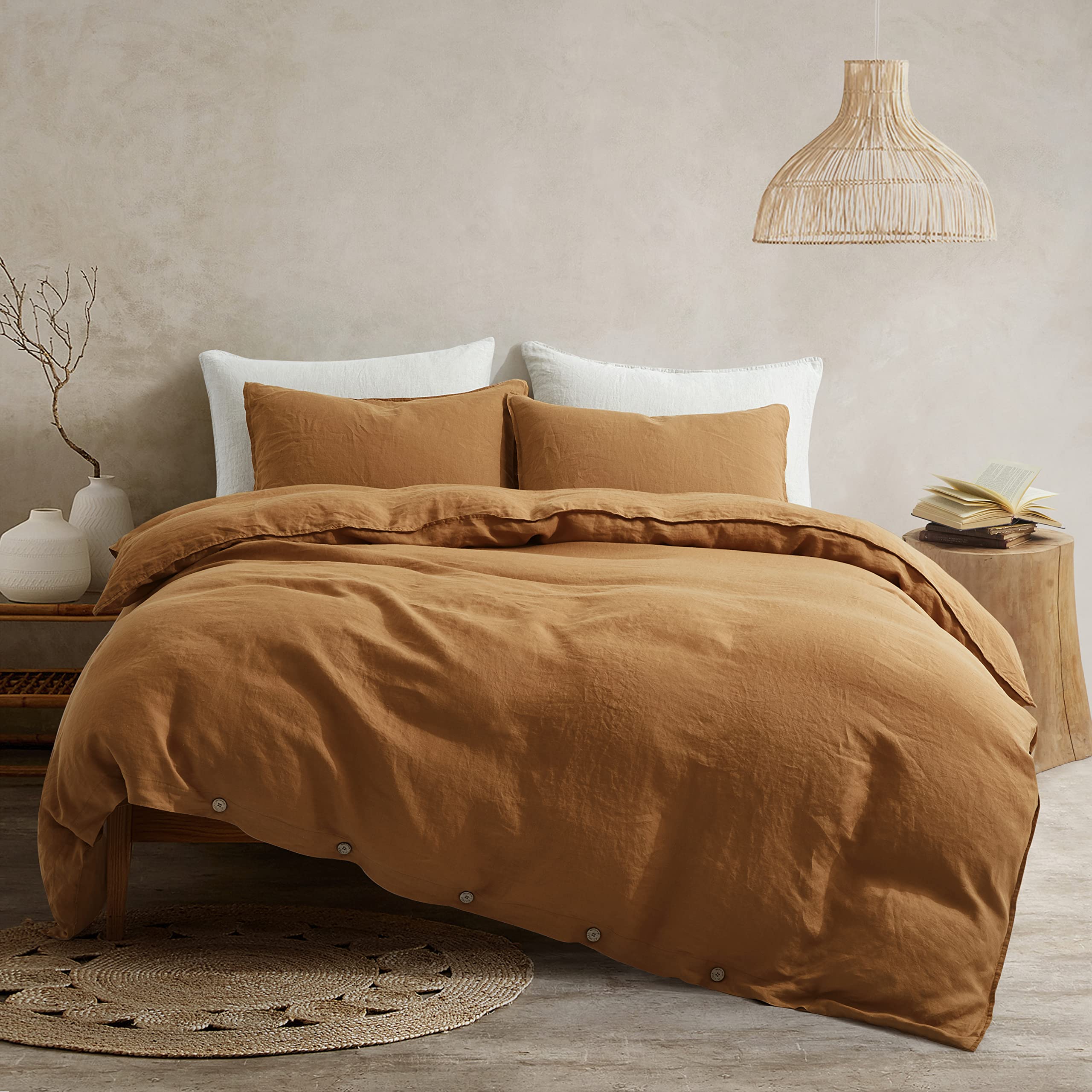 ATLINIA 100% French Flax Washed Linen Duvet Cover Set - King Size Rust Farmhouse Style (1 Duvet Cover + 2 Pillow Shams) | Breathable & Soft Bedding for Cozy Bedroom Decor