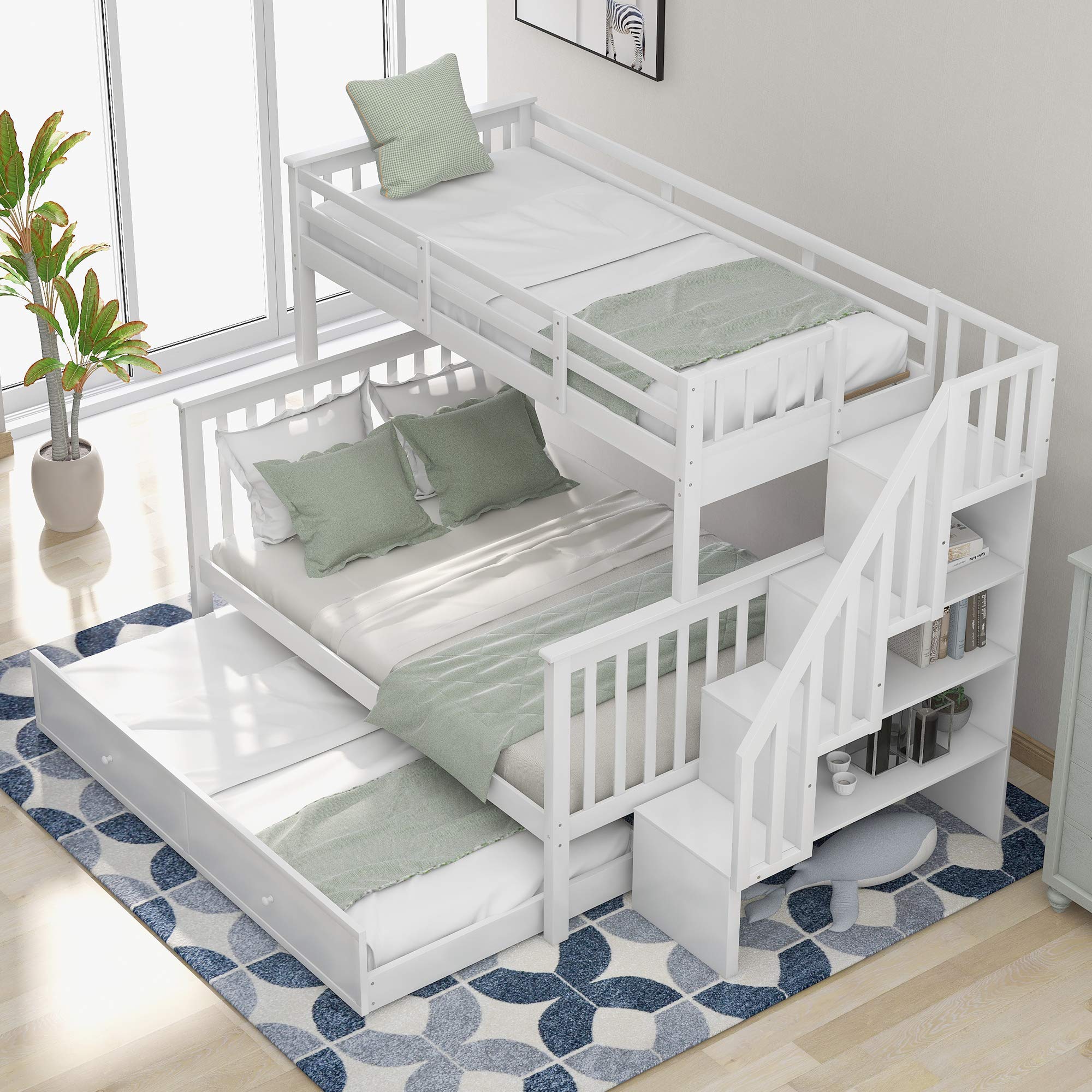 **Twin Over Full Bunk Bed with Trundle & Storage - Wooden Bunk Bed Frame with Guardrails & Stairs for Kids, Teens, Adults - Space-Saving Bedroom Furniture for Small Rooms, Guest Rooms, or Vacation Homes (White)**