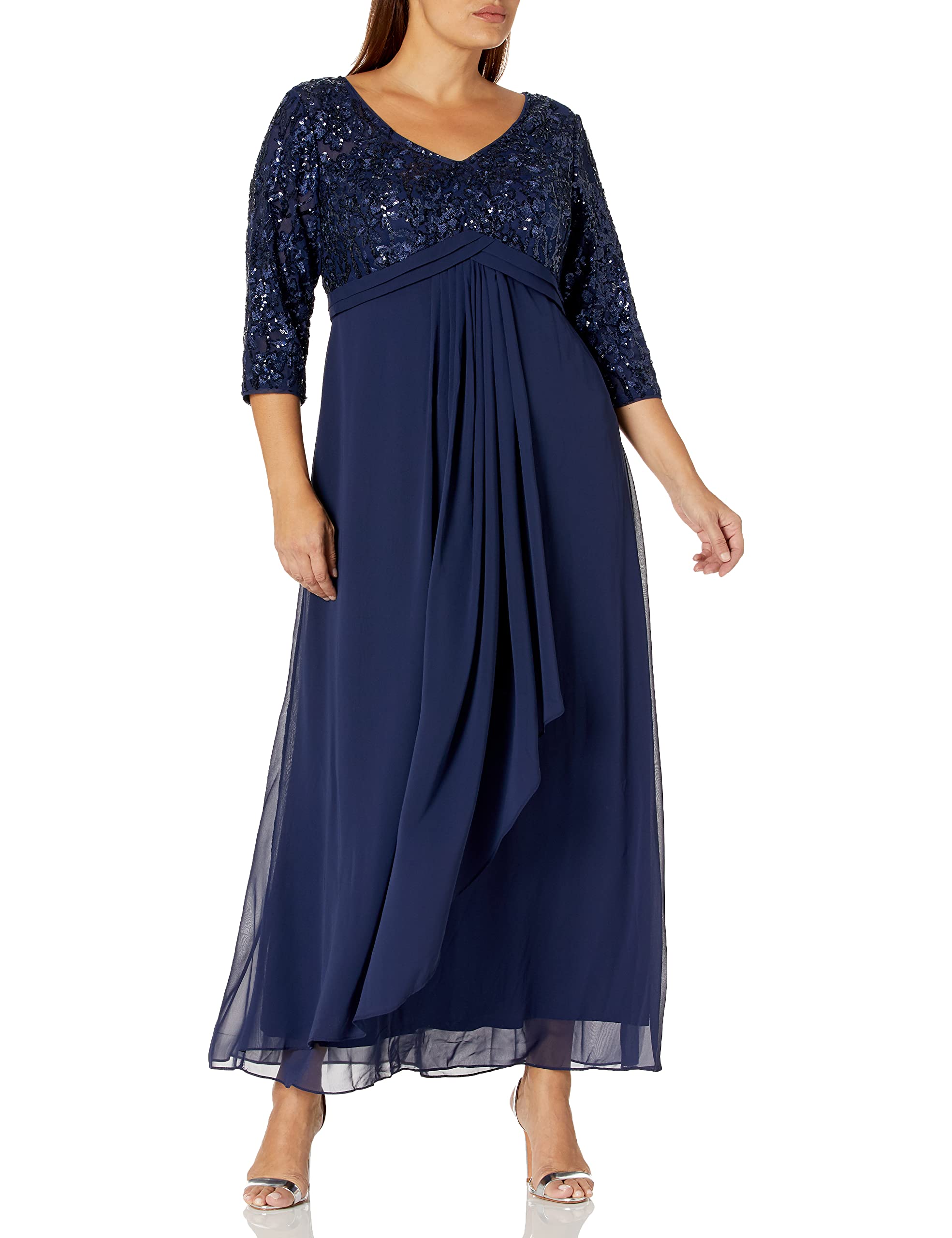 Alex Evenings Women's Plus Size 20W Navy Blue Long Lace Empire Waist Dress for Evening Parties, Weddings & Special Occasions