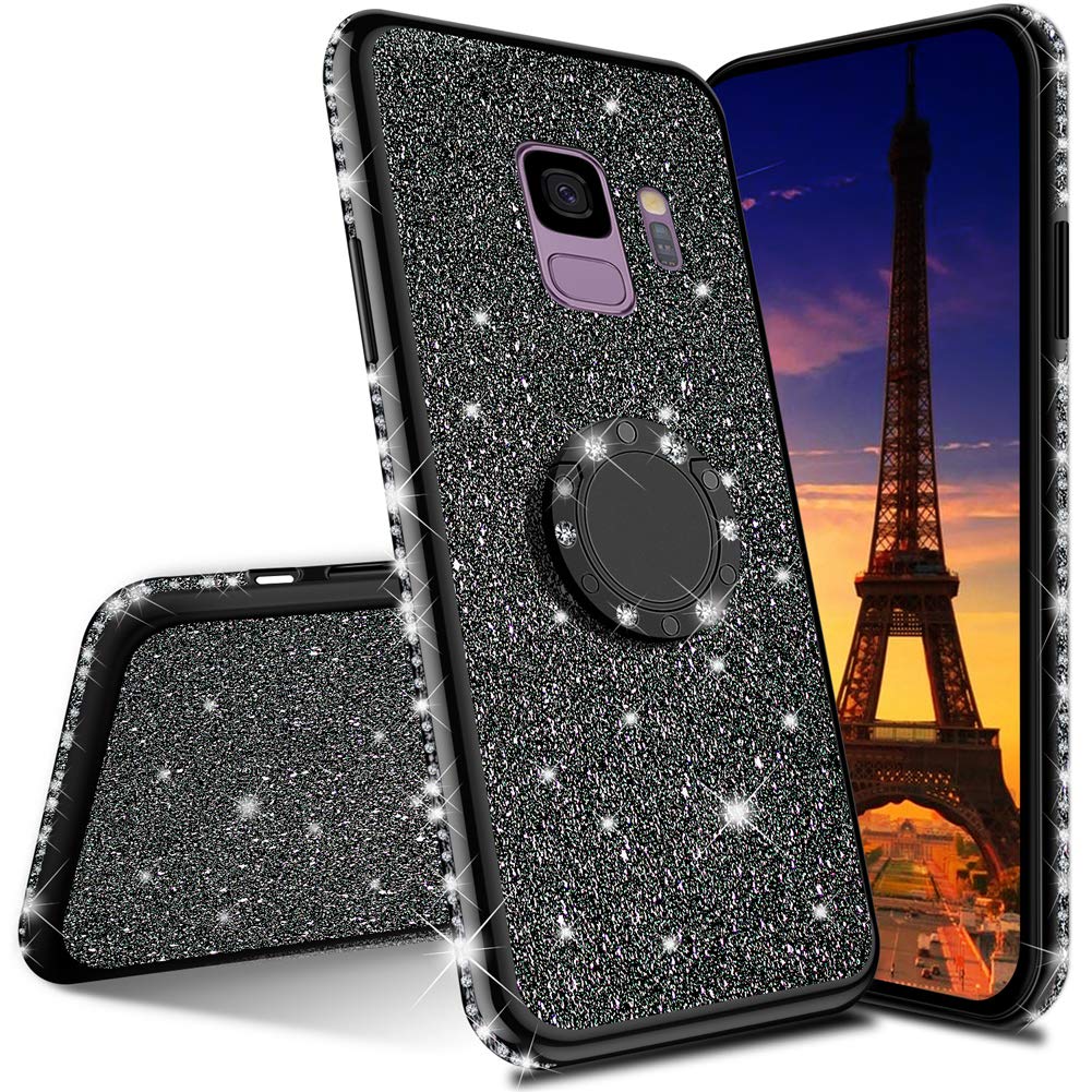 MRSTERUS Luxury Bling Diamond Rhinestone Case for Samsung Galaxy S9 - Glitter Protective Cover with Ring Kickstand for Women & Girls | Perfect for Parties, Weddings & Special Occasions (Black)