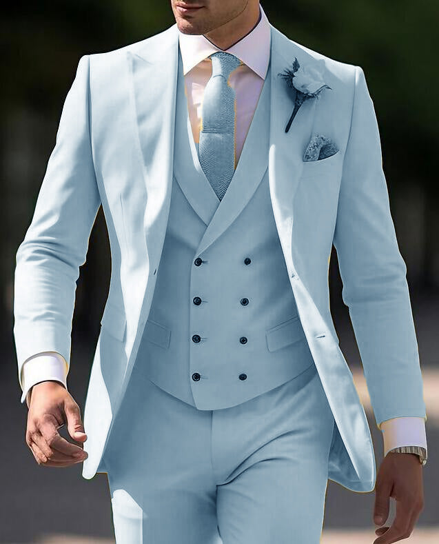 Elegant Light Blue Prom Dress & 3-Piece Men's Suit Set with Peak Lapel - CS41114 | Formal Wear for Weddings, Dances & Special Occasions