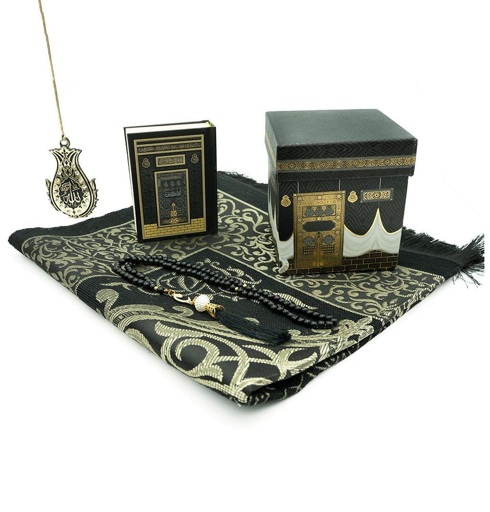 Premium Islamic Gift Box Set - Prayer Mat, Quran, Tasbih Beads & Car Hanger - Complete Muslim Prayer Essentials - Perfect for Ramadan, Eid, Hajj & Daily Worship (Black)