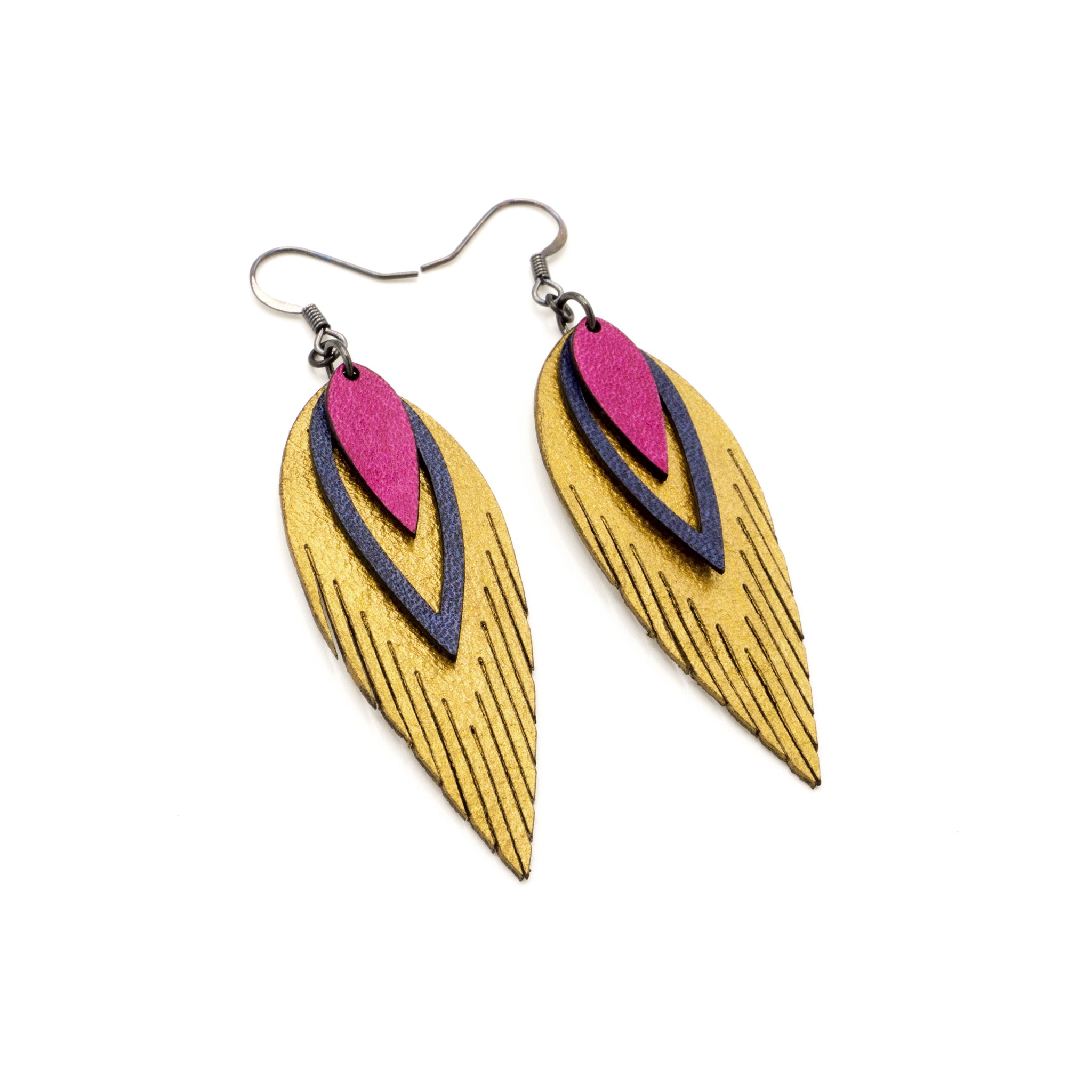 3 Layer Genuine Leather Earrings for Women - Gold, Blue, Fuchsia Handmade Dangle Drop Earrings | Perfect for Parties, Weddings & Everyday Wear