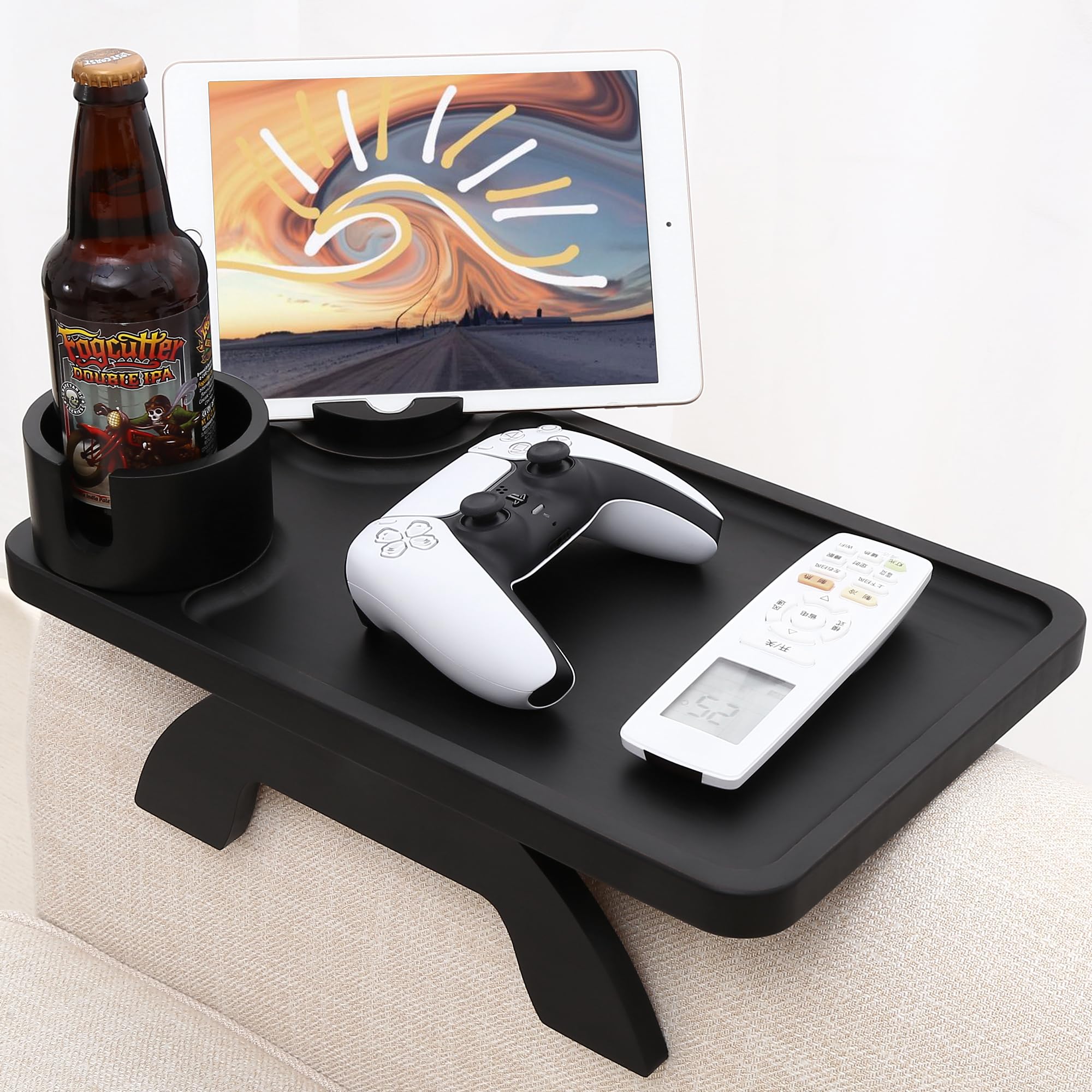 360° Rotating Bamboo Couch Arm Table with Cup & Phone Holder - 15.36x9.85 Inch Sofa Tray for Living Room, Bedroom - Perfect for Snacks, Drinks, Remote Control & Reading in Black
