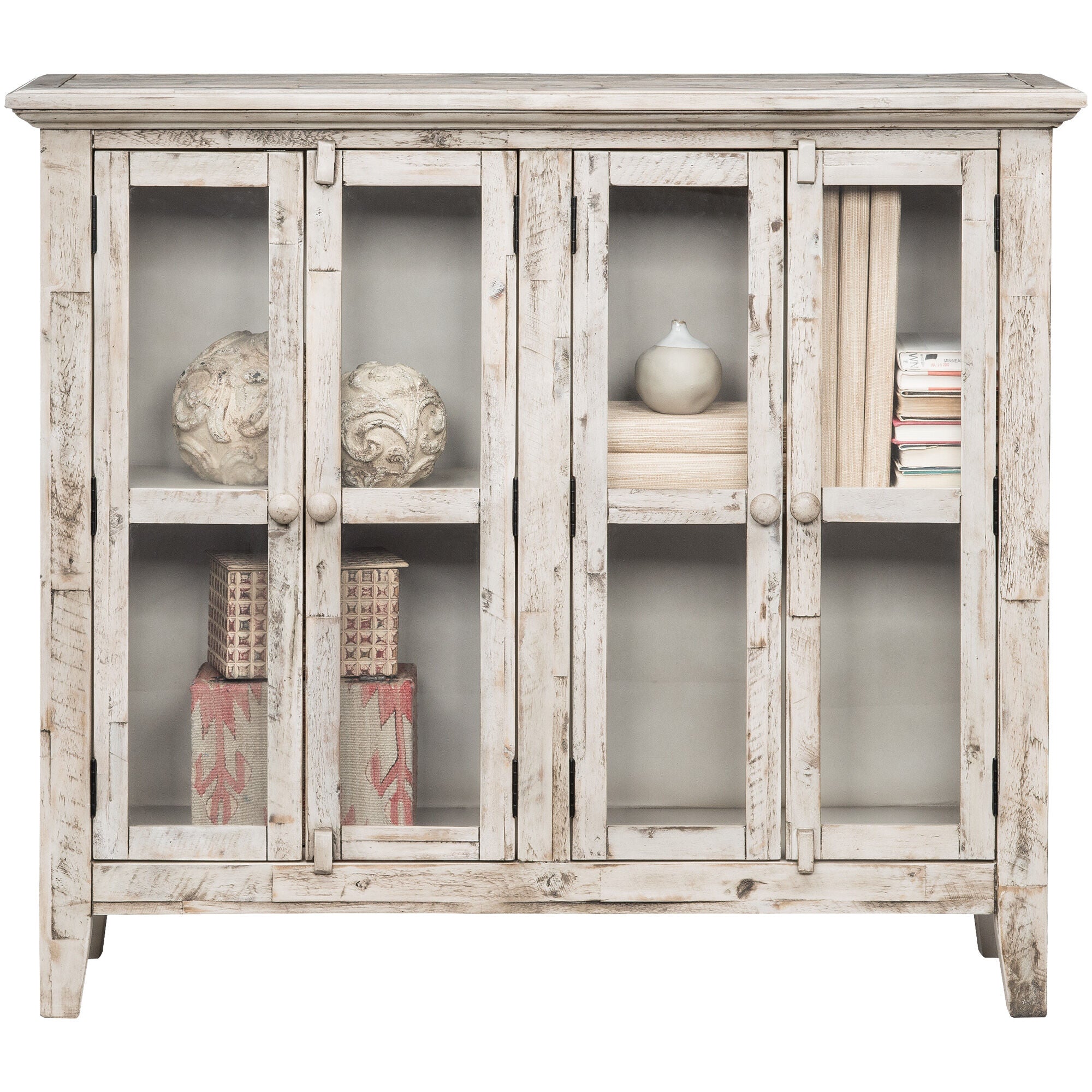 Rustic Shores 4-Door Wooden Cabinet with Adjustable Shelves - Farmhouse Storage for Living Room, Bedroom & Entryway - Perfect for Organizing Home Decor, Books & Linens