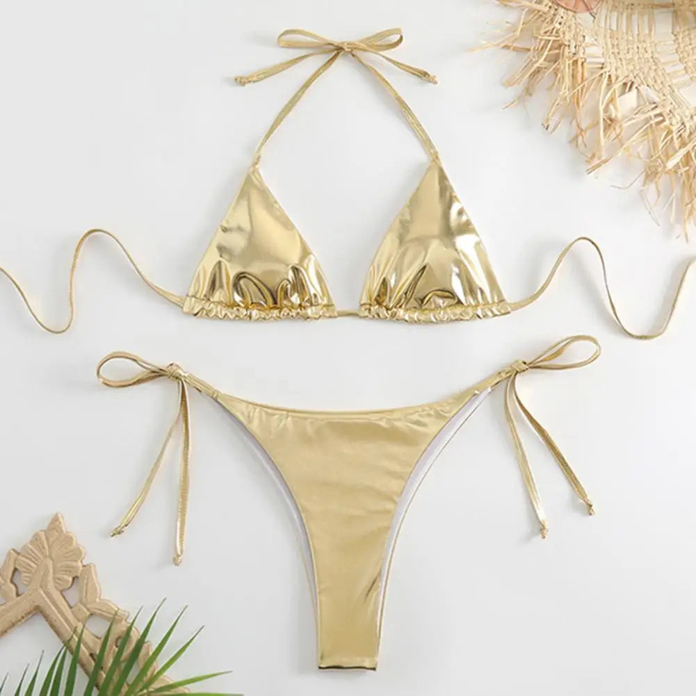 Sexy Gold Halter Lace Up Bikini Set for Women - 2 Piece Swimwear with Beach Cover Up | Perfect for Pool Parties, Beach Vacations & Summer Getaways
