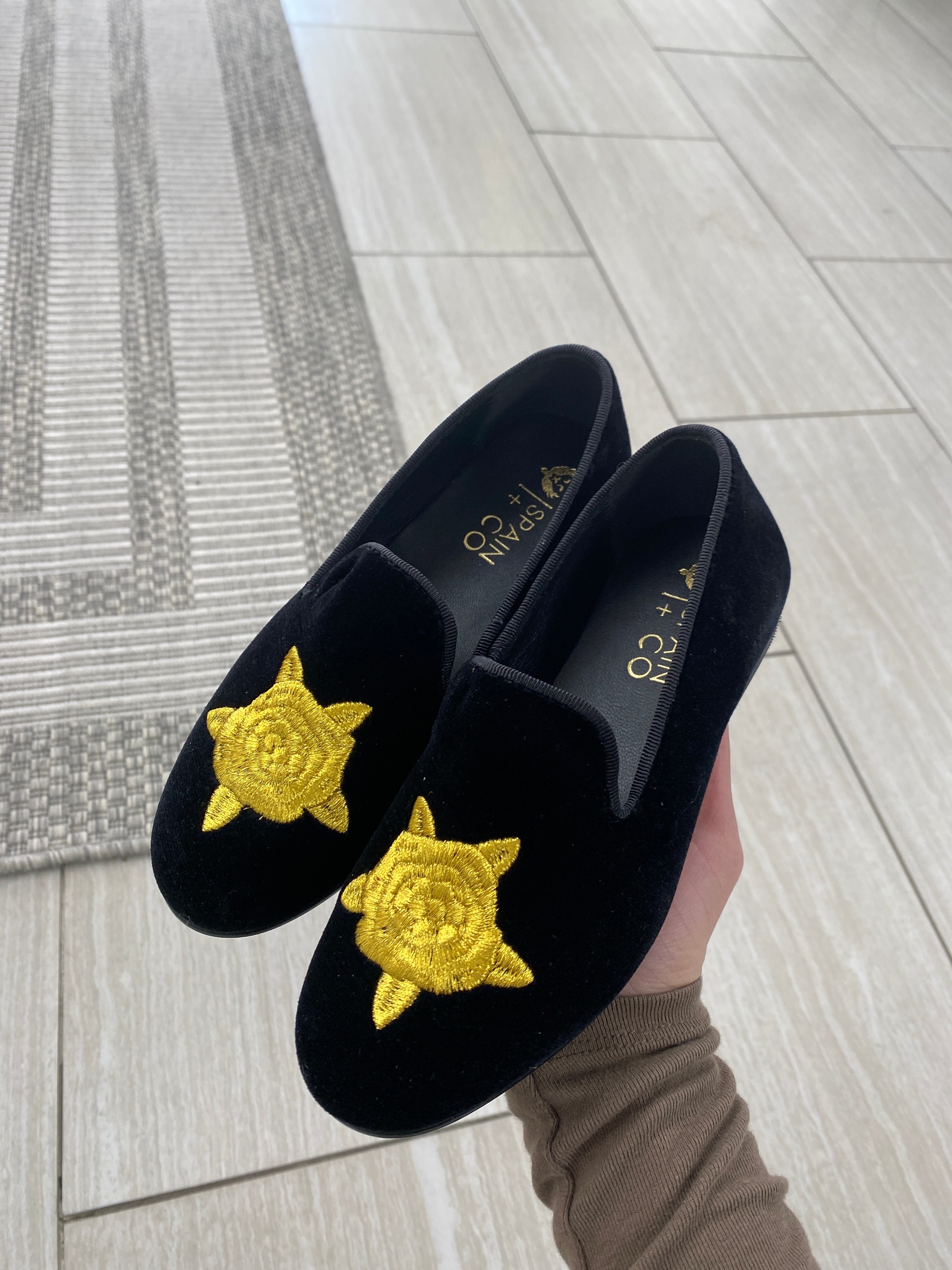 Spain+Co Black and Gold Floral Embroidered Smoking Loafers - Elegant Slip-On Shoes for Men, Perfect for Weddings, Parties & Formal Occasions
