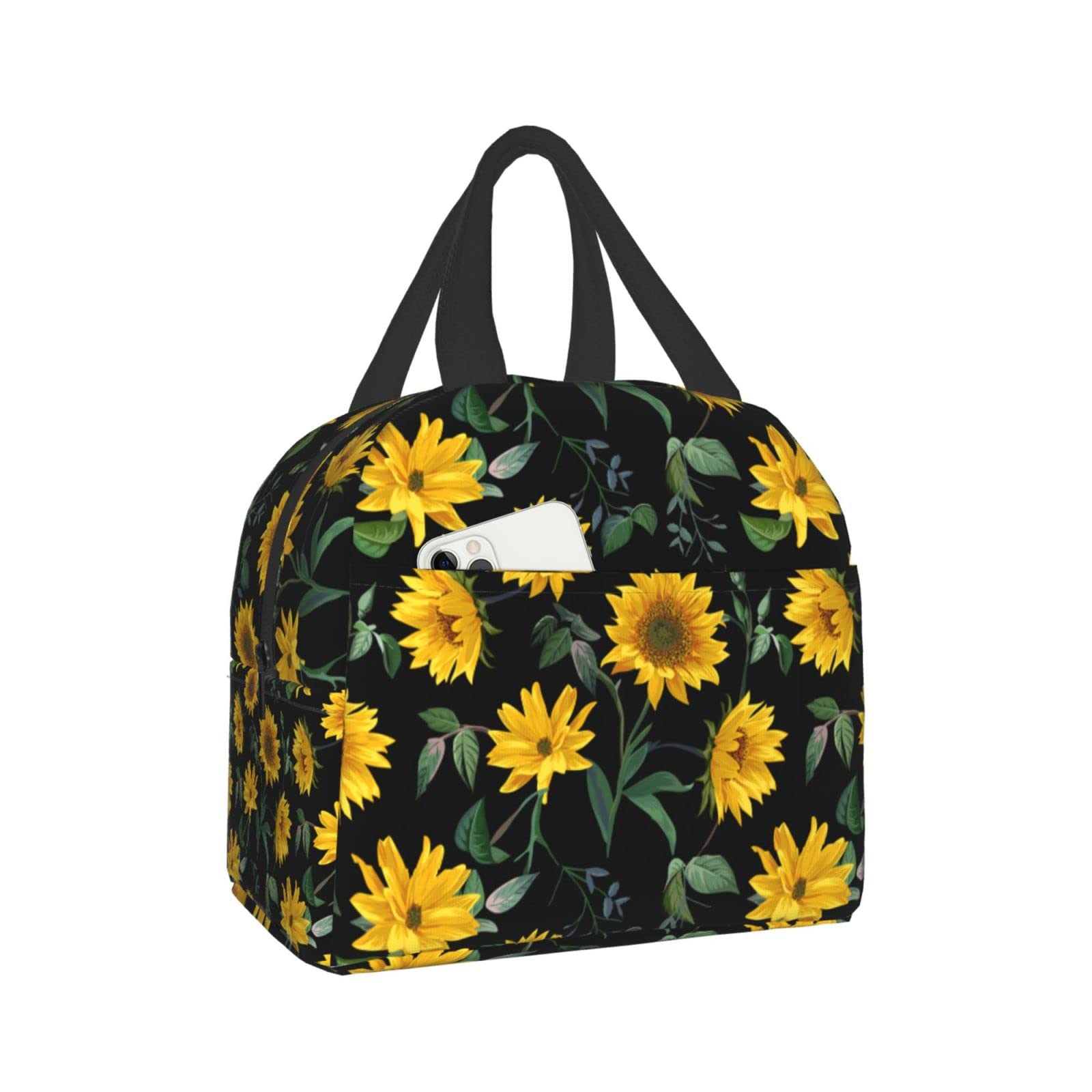 Insulated Sunflower with Leaves Print Lunch Bag - Reusable & Leak-Proof Meal Container for Work, Travel, Picnic | Portable Tote for Men & Women | Perfect for Office, School, Outdoor Activities