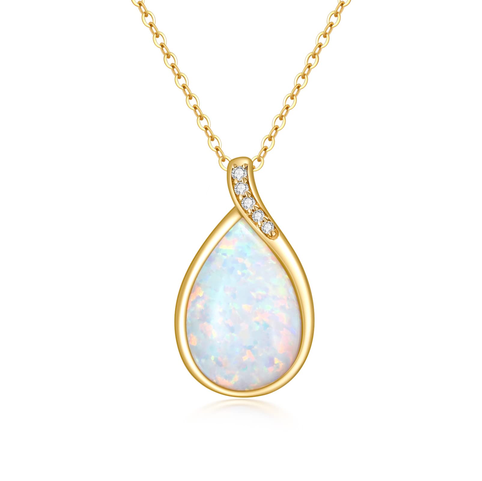 14k Solid Gold White Opal Necklace for Women - Dainty Teardrop Pendant with Genuine Diamond - October Birthstone Pear-Shaped Gemstone Jewelry Gift for Her (16