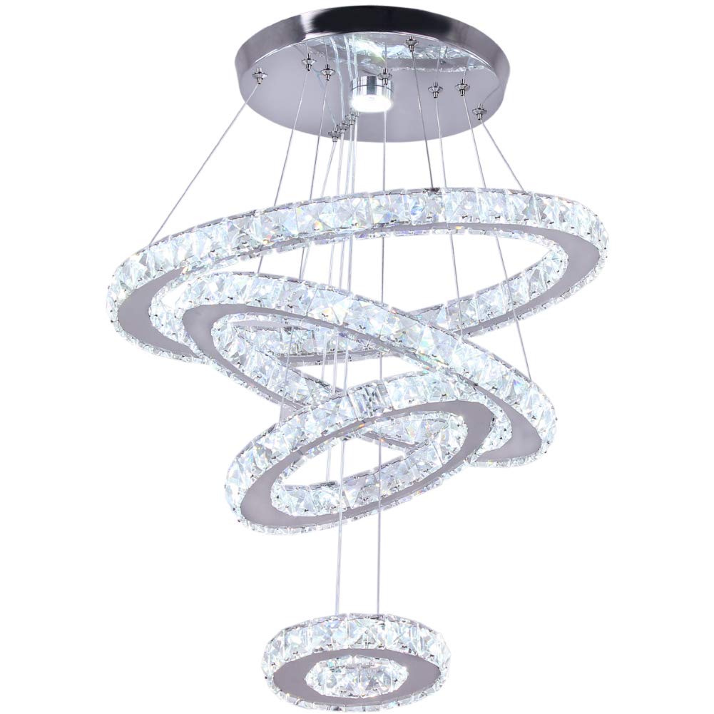 Modern LED Crystal Chandelier - Adjustable Stainless Steel Ring Pendant Light Fixture for Living Room, Dining Room, Bedroom (Cool White) | Elegant Home Lighting for Weddings, Restaurants & Luxury Interiors