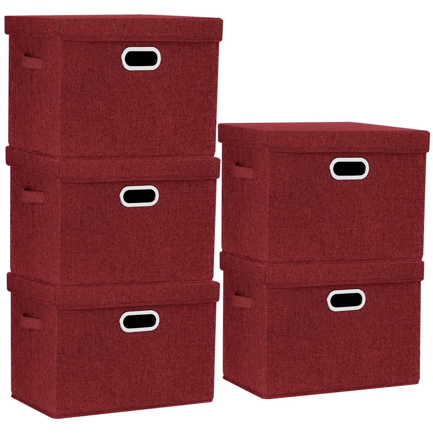 TYEERS Large Collapsible Storage Bins with Lids - 5 Pack Foldable Organization Bins for Closet, Clothes & Home Office Storage - Space Saving Storage Boxes for Bedroom, Garage & Kids Toys (Red Wine)