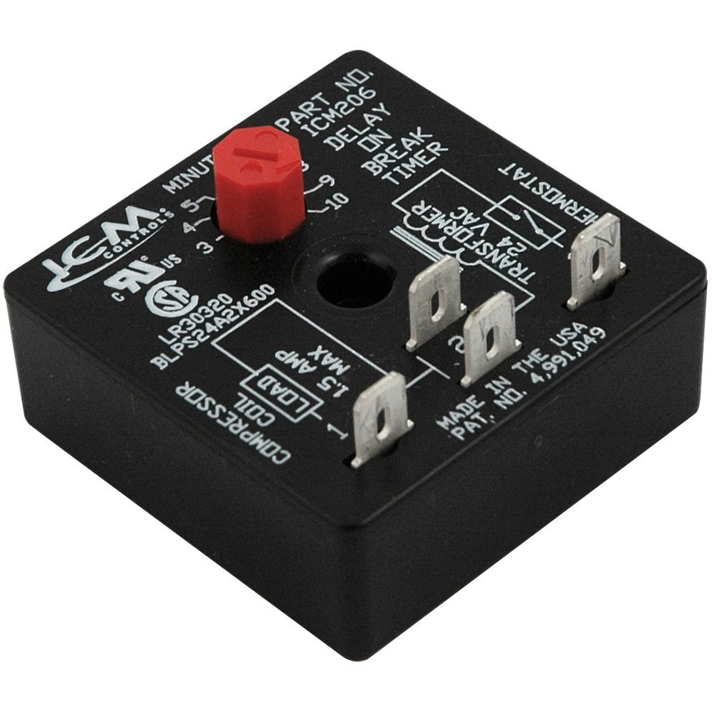 ICM Controls ICM206 Delay On Break Timer - 10 Minutes Fixed Timing, 4 Terminal HVAC Relay for Furnace, AC & Industrial Equipment Control