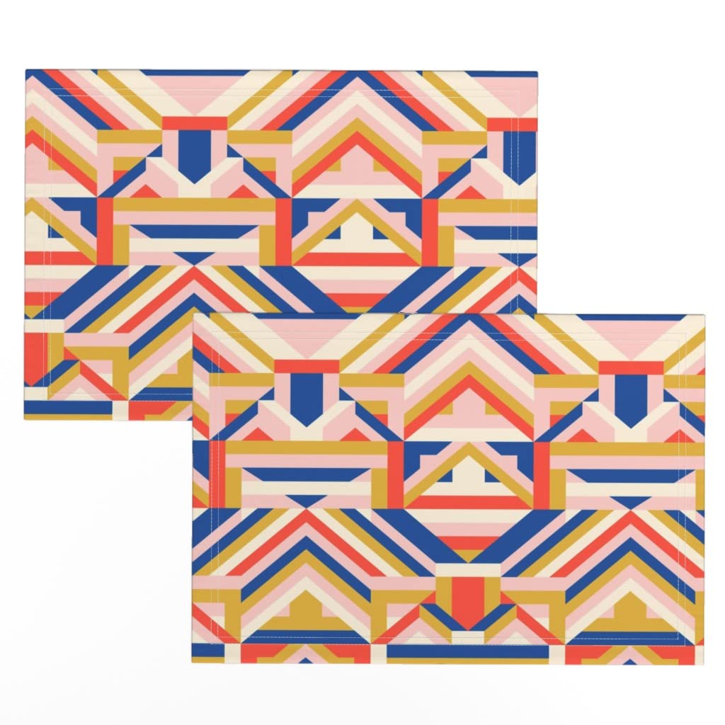 Premium Linen Cotton Canvas Placemats Set of 2 - Modern Geometric Print in Orange, Pink & Blue - Washable Table Decor for Dining, Kitchen, and Party Settings
