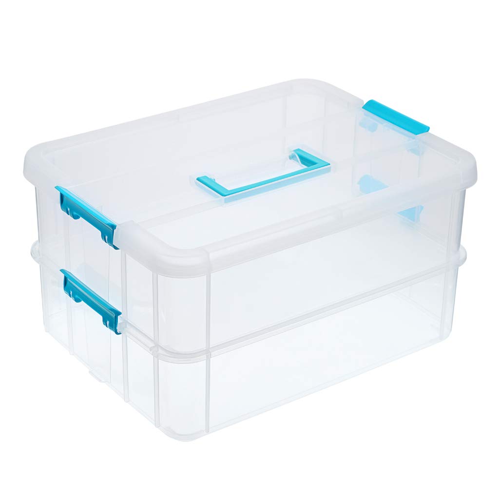 BTSKY 2 Layer Stackable Plastic Storage Box with Handle - Portable Organizer for Stationery, Crafts, Jewelry & Beauty Supplies - Blue | Perfect for Home, Office & Travel Organization