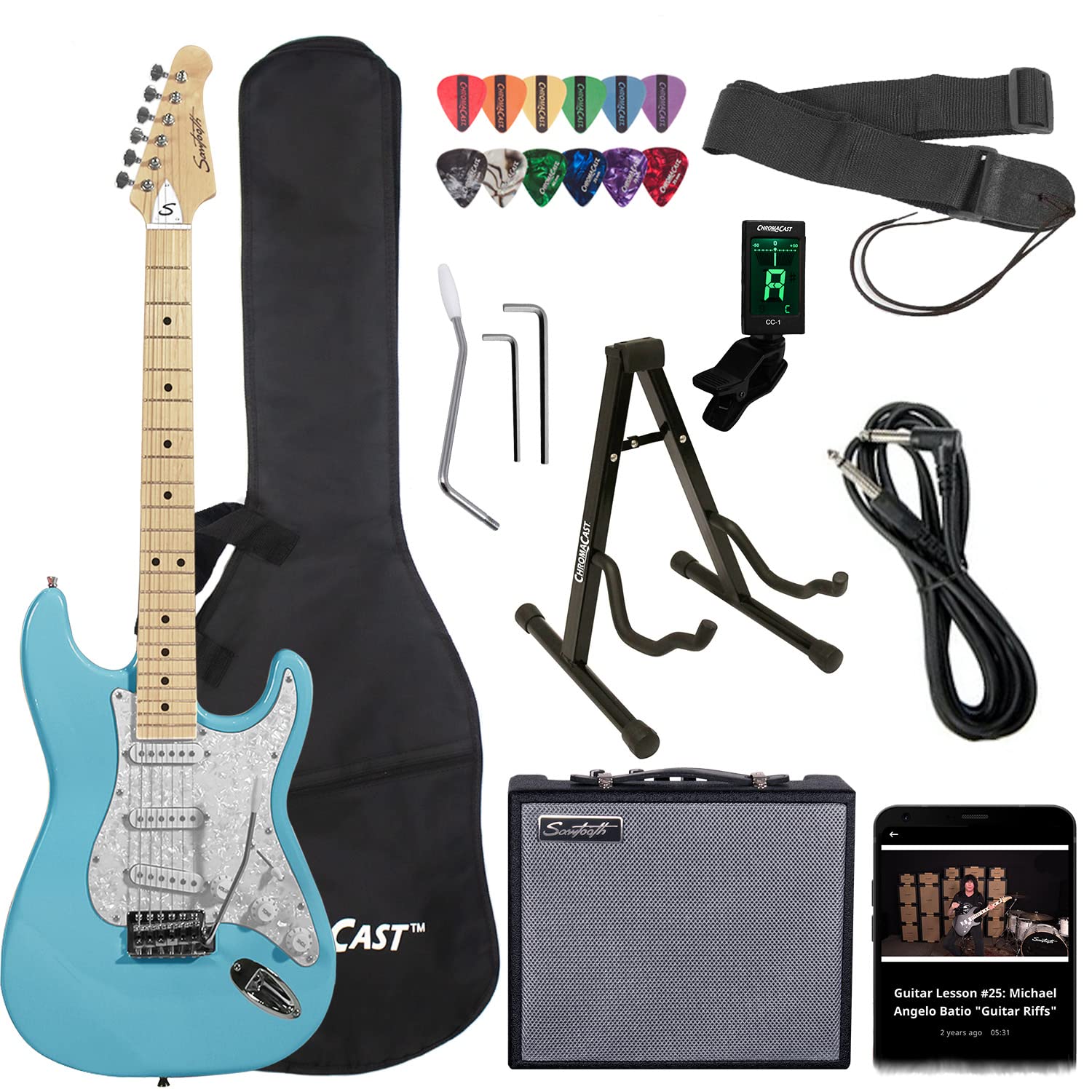 Sawtooth Daphne Blue Electric Guitar with Pearl White Pickguard - Complete Starter Kit Includes Guitar Accessories, Amplifier, Gig Bag & Free Lessons - Perfect for Beginners, Practice, Live Performances & Home Recording