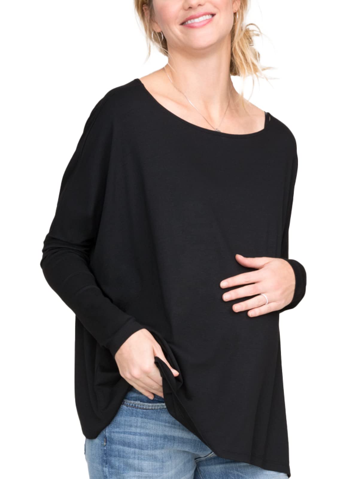HATCH Collection Flowy Maternity Tee - Slim Fit Sleeves & Classic Crewneck Long Sleeve Shirt for Pregnant Women | Comfortable Everyday Wear for Work, Casual Outings & Maternity Photos