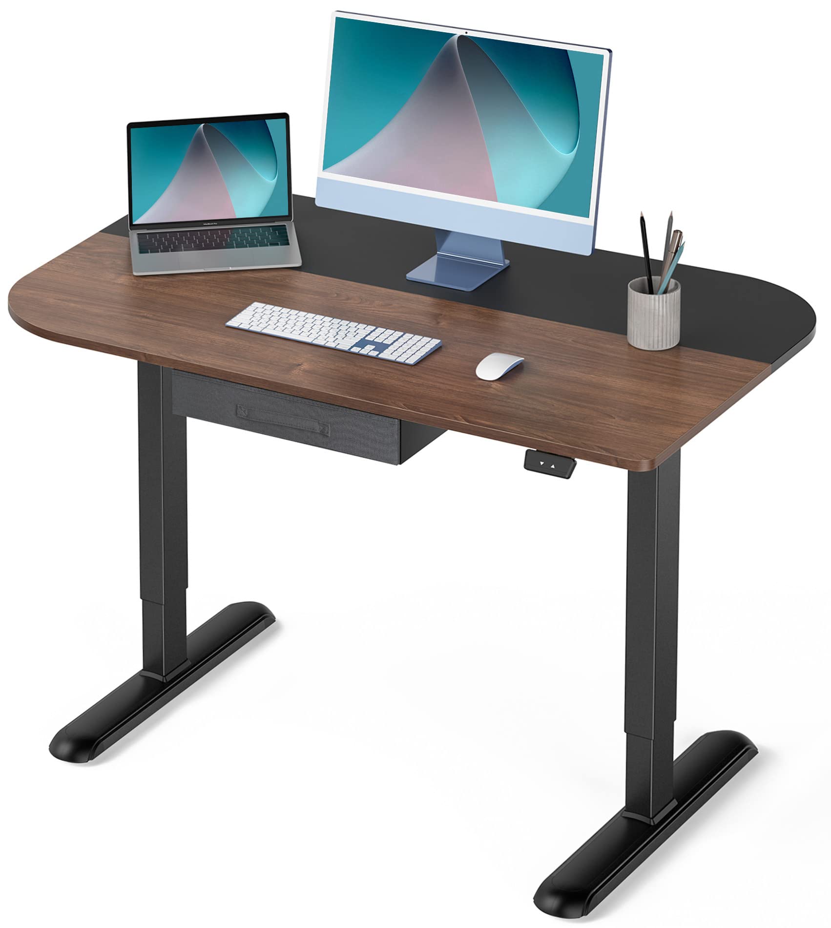 FENGE 43.3x27.5 Inch Electric Standing Desk with Drawer - Adjustable Height Computer Desk, Anti-Collision Design, Spacious Work Surface - Perfect for Home Office, Gaming Setup & Workspace (Brown+Black)
