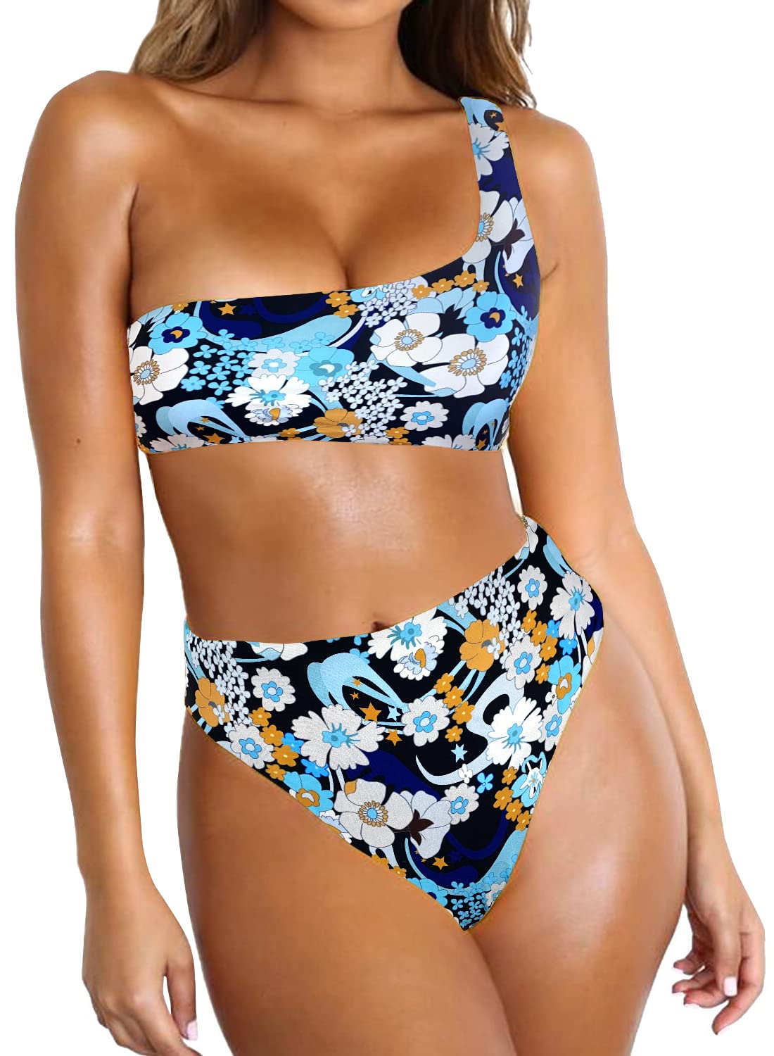 Byoauo Women's One Shoulder Bikini Top & High Waisted Bottom 2 Piece Swimsuit - Sexy Summer Beachwear for Pool Party & Vacation