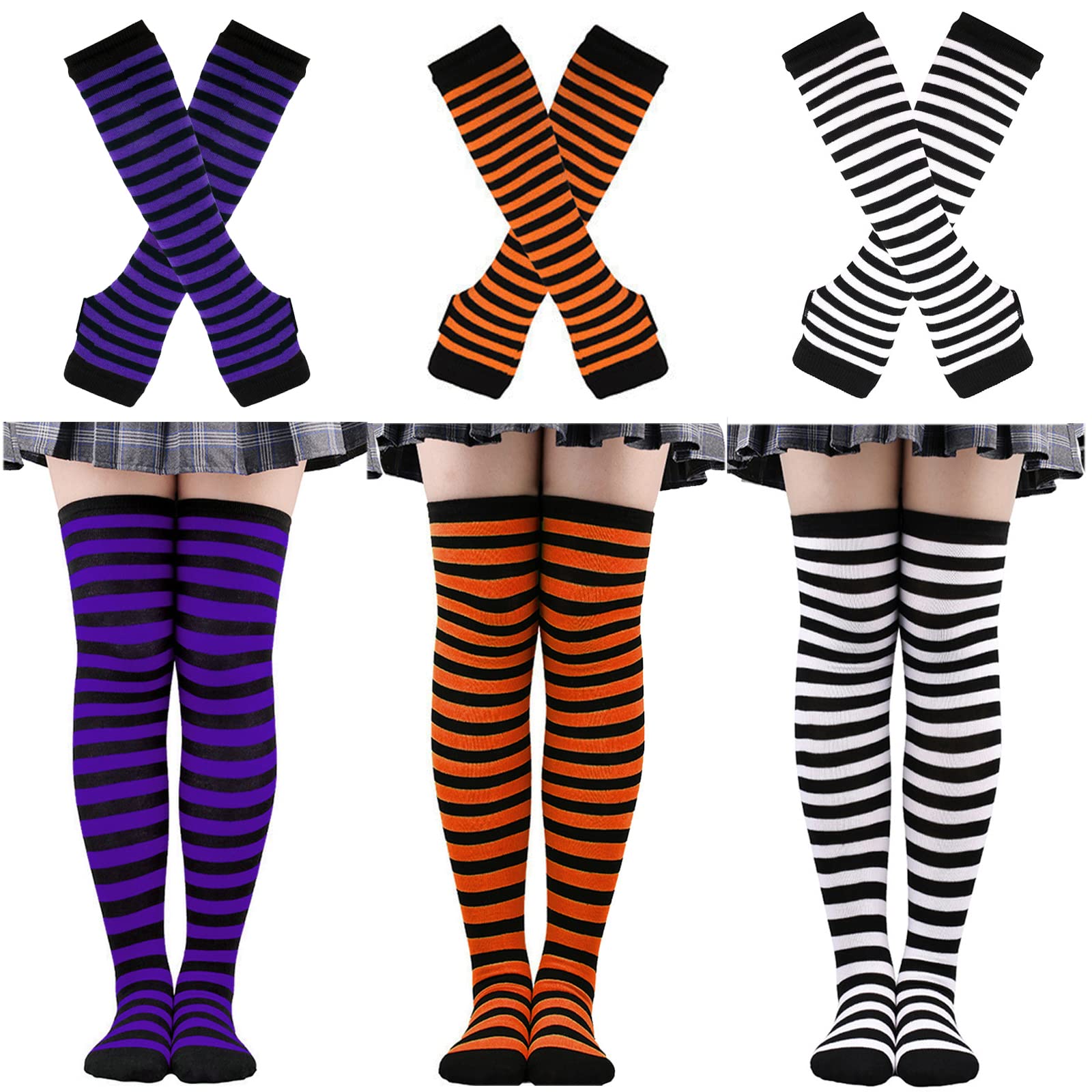 6 Pairs Women's Striped Knee High Socks & Fingerless Gloves Set - Warm Arm Warmers & Thigh High Stockings for Halloween Costume, Cosplay, Winter Fashion Outfits