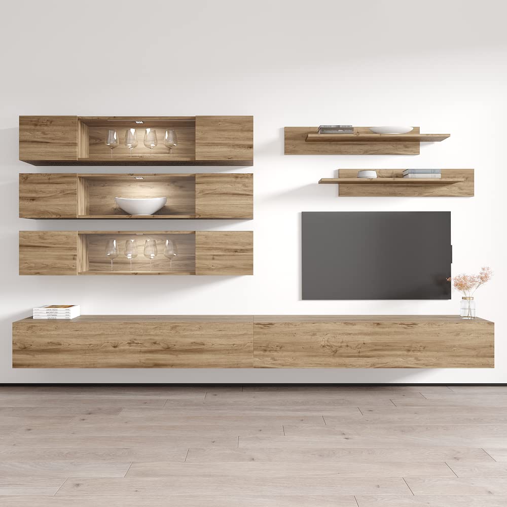 Modern Floating TV Stand with Storage & LED Lights - Wall-Mounted Entertainment Center for Bedroom & Living Room - Oak Wood TV Console with Shelves | Perfect for Small Spaces & Home Theater Setup