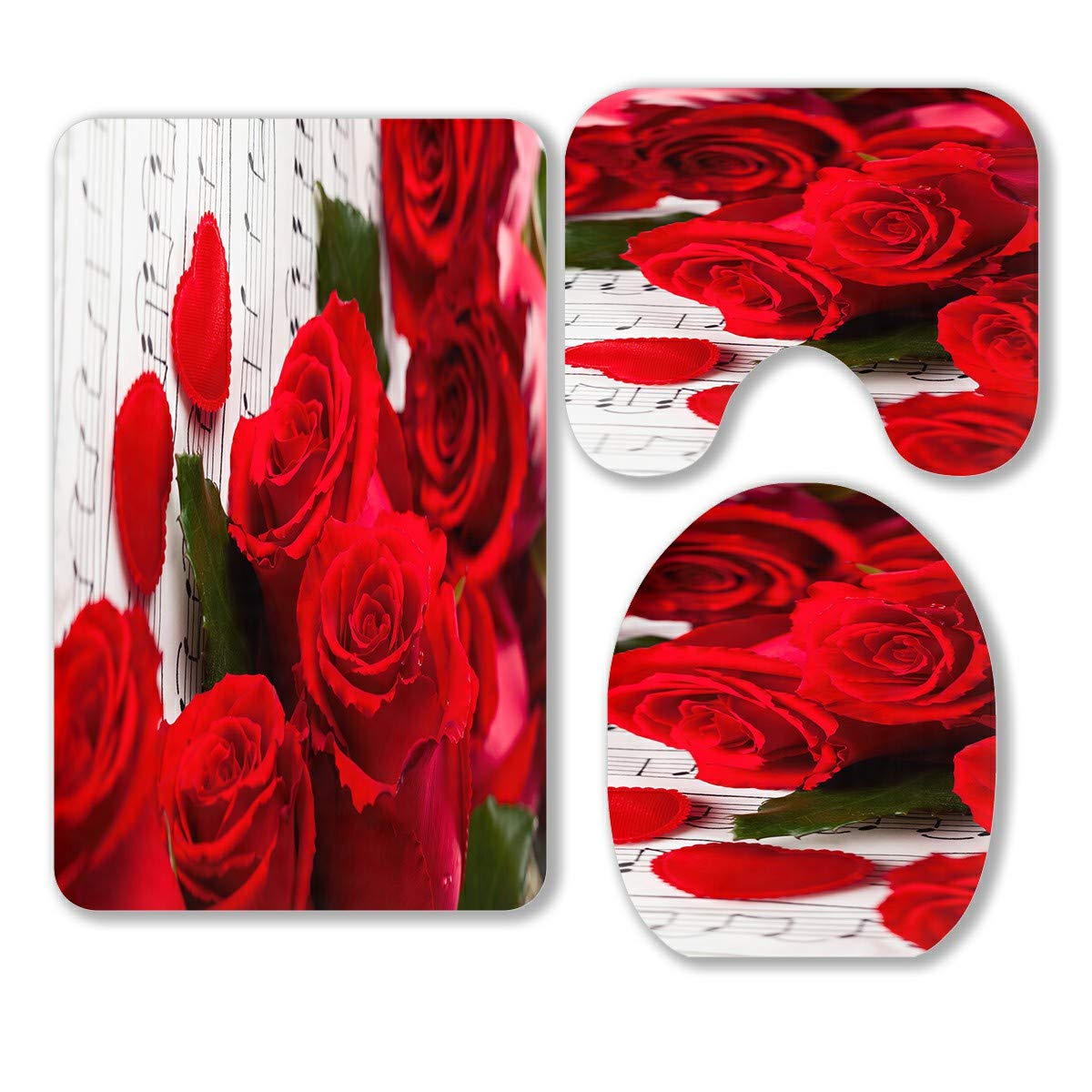 ECZJNT 3-Piece Musical Note Rose Bathroom Rug Set - Non-Slip Bath Mat, Contour Mat & Toilet Lid Cover for Valentine's Day Gift - Perfect for Romantic Bathroom Decor & Couples' Home