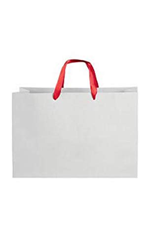 Premium White Large Folded Top Paper Bags with Red Ribbon Handles - Bulk Pack of 100 - Perfect for Gift Wrapping, Party Favors & Retail Packaging