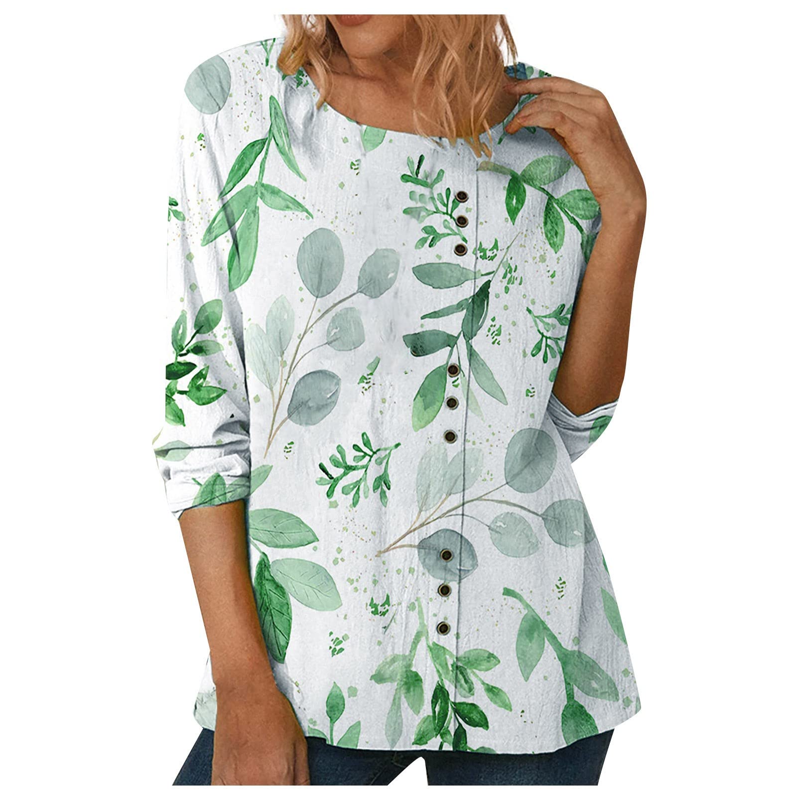 Women's Fall Tops - Soft Cotton Linen Tunic Blouse with Boho Floral Print, Round Neck & Button Down Long Sleeve Shirt for Casual Wear & Autumn Outfits