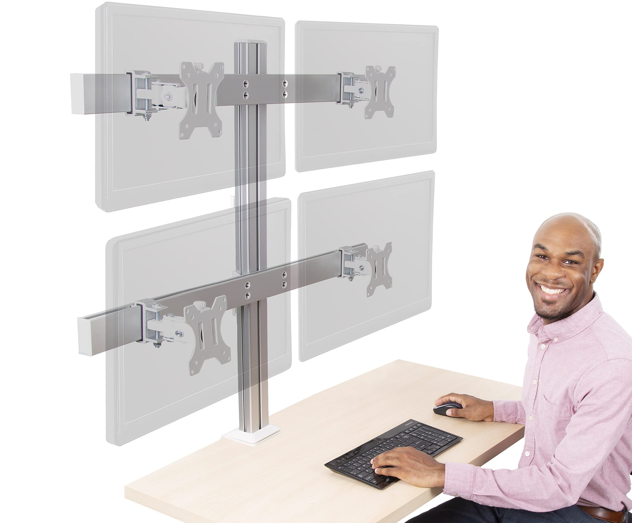 Heavy Duty 4 Monitor Stand with Full Motion Articulation - Adjustable Height VESA Mount for 17-32 inch LCD/LED Screens (Silver) | Perfect for Multi-Screen Gaming, Trading & Office Workstations