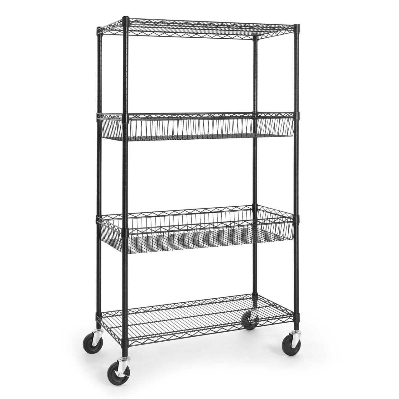 CAPHAUS NSF Commercial Heavy Duty 4-Tier Wire Shelving with 2 Rectangle Baskets, Wheels & Leveling Feet - Durable Metal Storage Shelf for Garage, Basement, Kitchen, Pantry Organization | Black Utility Rack for Home & Office Use