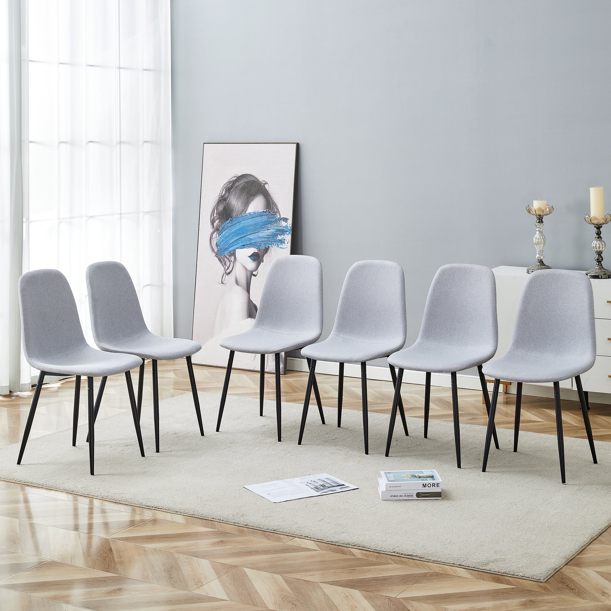 6-Piece Light Gray Linen Cotton Dining Chair Set - Comfortable Integrated Seat & Backrest for Modern Home Decor | Perfect for Kitchen, Dining Room & Small Spaces