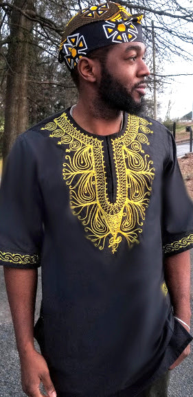 Stylish Black and Yellow African Embroidered Dashiki Shirt DP3781Y - Perfect for Cultural Events, Weddings, and Afrocentric Fashion