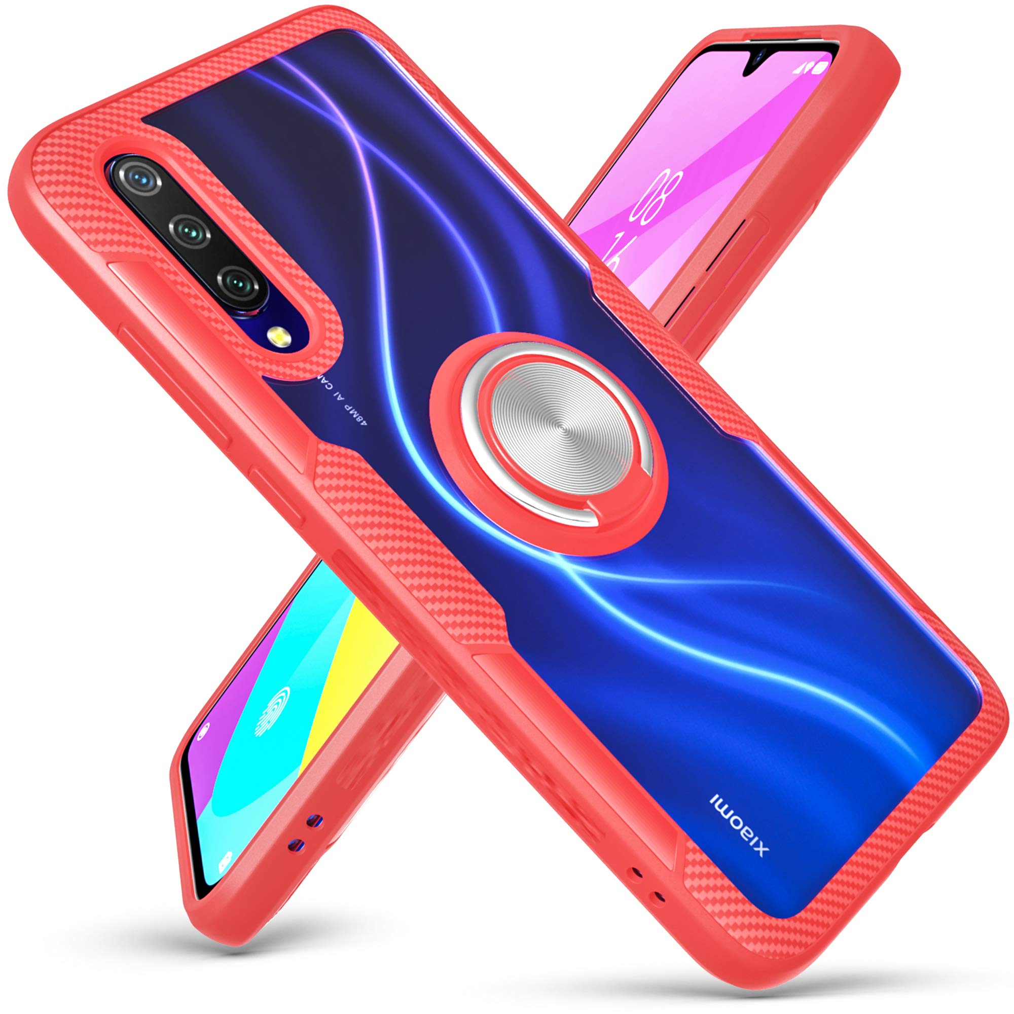 QSEEL Clear Ring Armor Case for Xiaomi Mi 9 Lite/Mi A3 Lite - Shockproof Hybrid Cover with Soft TPU Rim, Crystal Acrylic Panel & Built-in Kickstand (Red) - Perfect for Daily Protection, Gaming & Travel