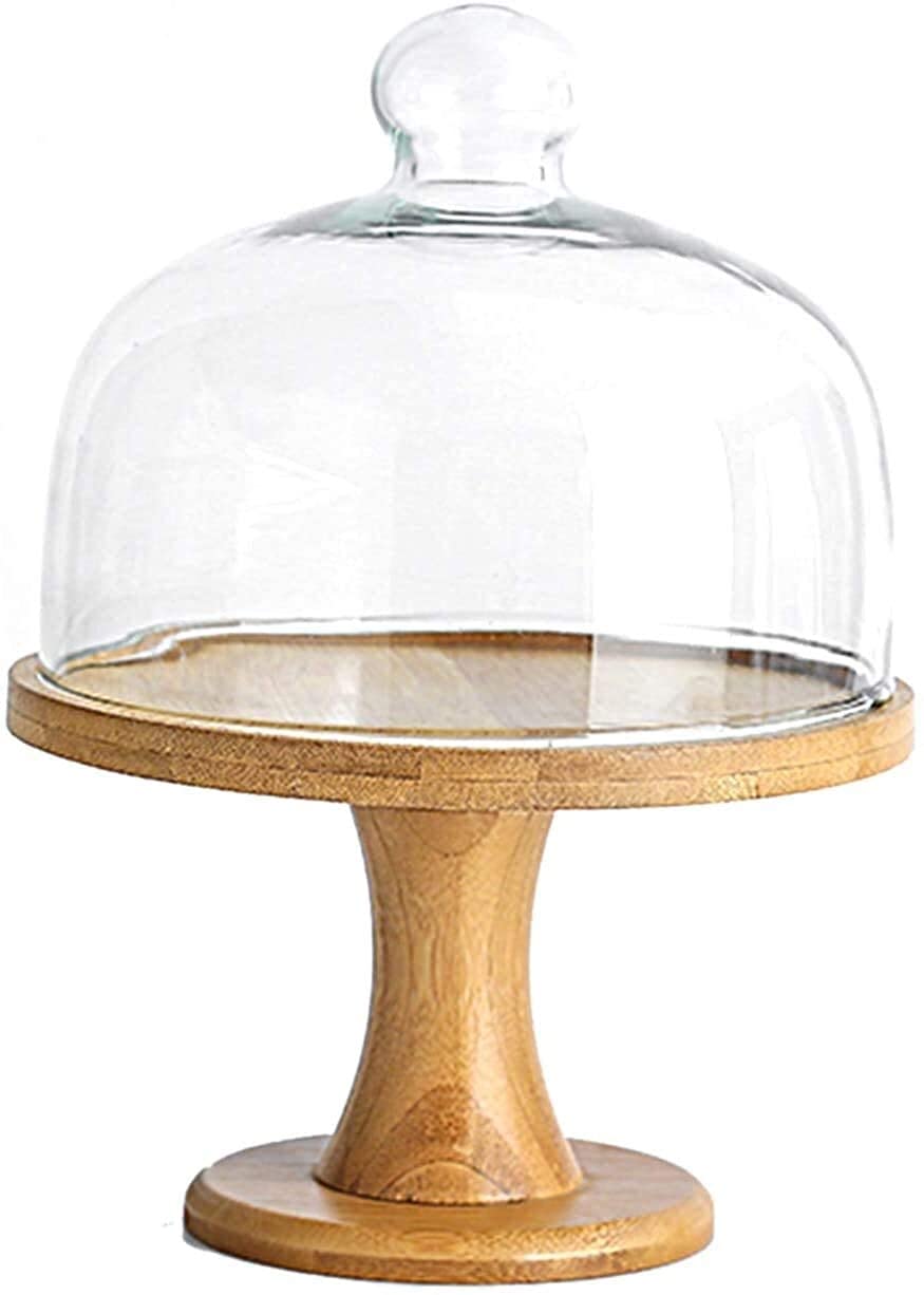 THj Wooden Cake Stand with Glass Dome Lid - 24cm Dessert Display for Birthday Parties, Food Storage Box for Fruits, Serving Dishes & Platters | Perfect for Wedding, Baby Shower & Holiday Celebrations