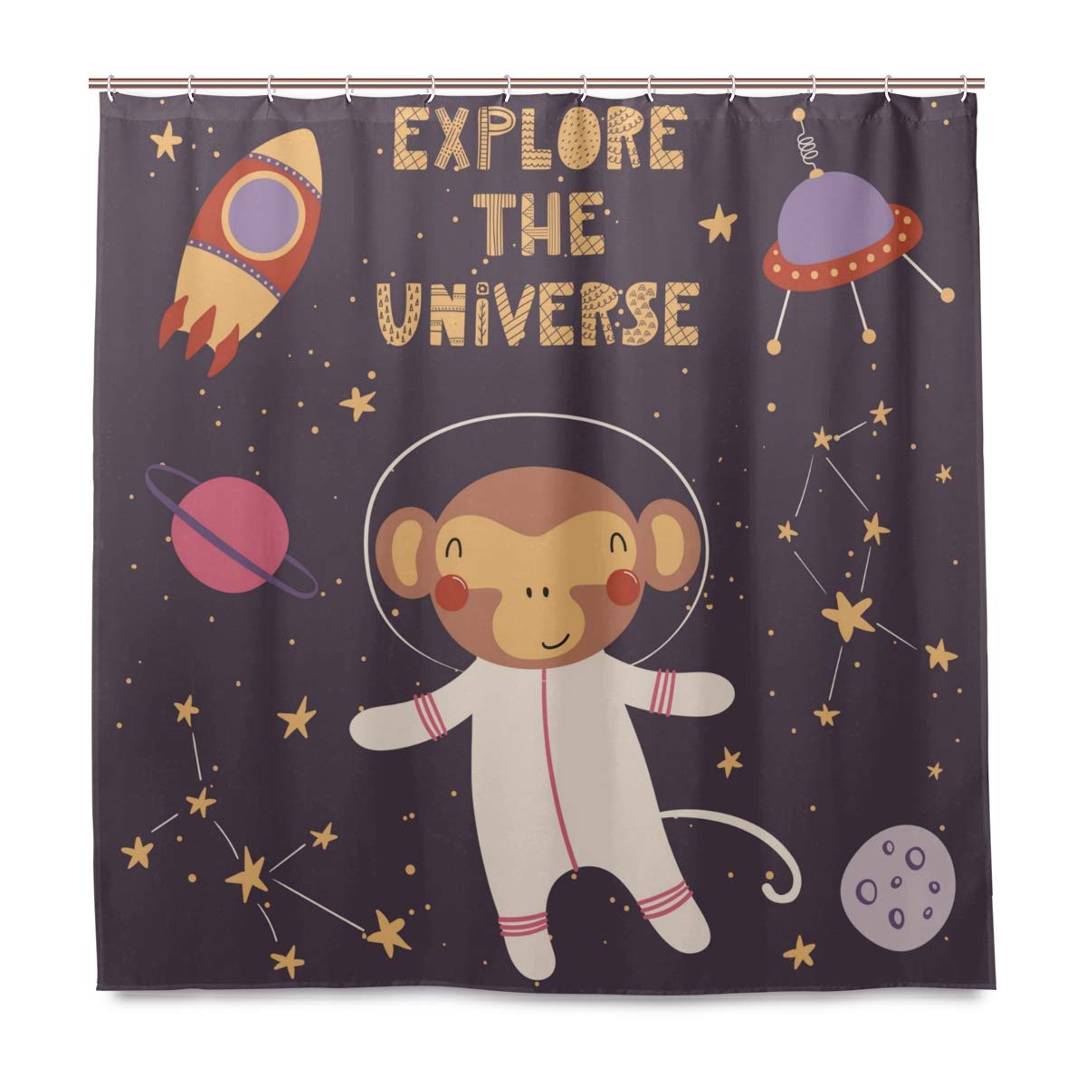 ALAZA Waterproof Fabric Shower Curtain - Cute Funny Monkey in Space with Rocket UFO Design - 72x72 Inch Bathroom Curtain with 12 Hooks - Perfect for Showers, Bathtubs & Kids' Bathrooms
