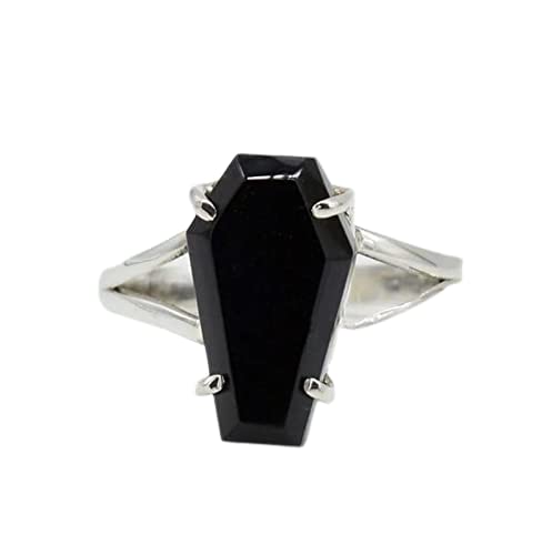 Natural Black Onyx Coffin Silver Ring - Handmade Sterling Silver Statement Jewelry for Men & Women - Gothic Wedding Ring, Unique Gift for Him/Her - Perfect for Halloween, Dark Aesthetic & Alternative Fashion Lovers