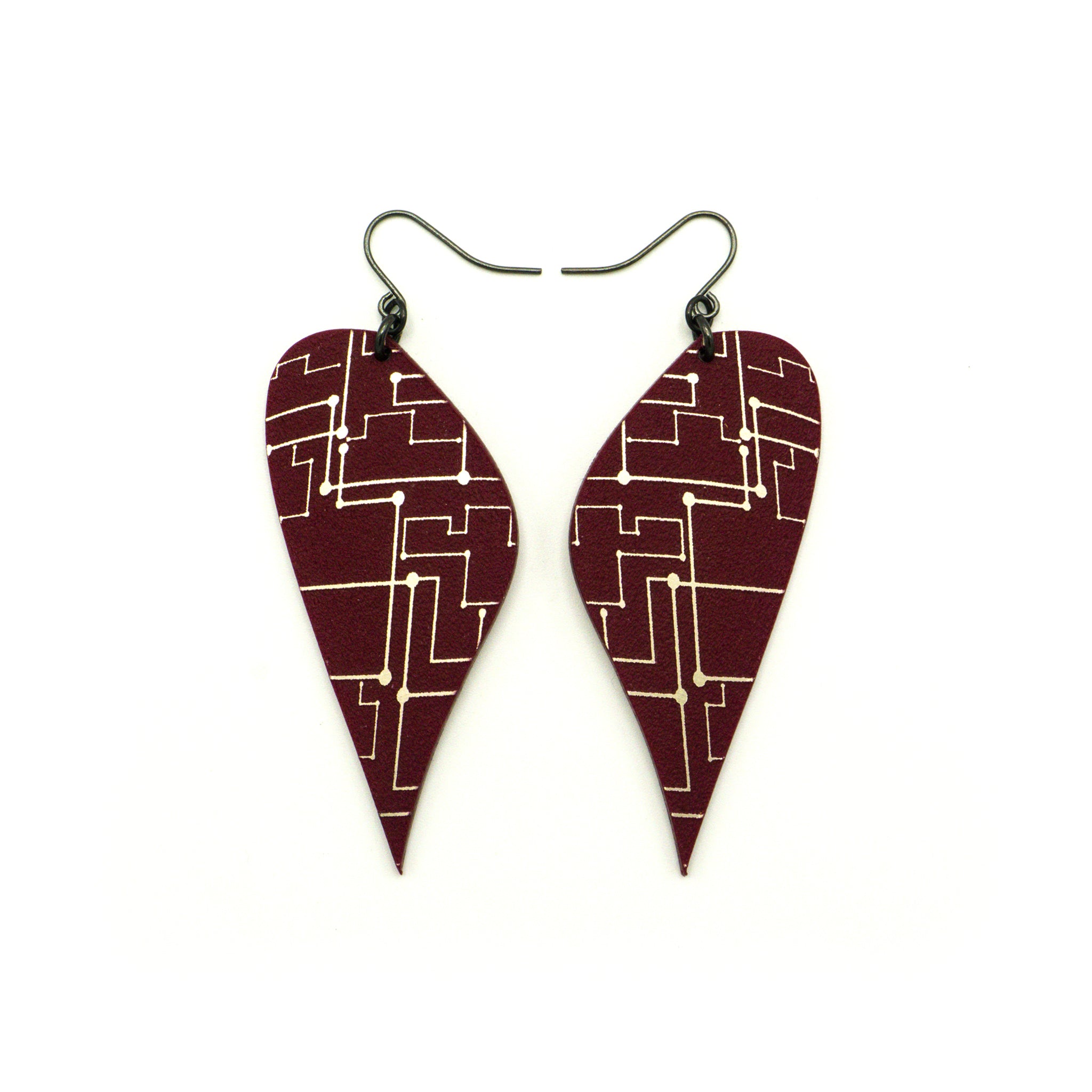 Kaitana Circuit R Acrylic Earrings - Brushed Nickel & Burgundy Hoop Earrings for Women | Trendy Statement Jewelry for Parties, Work, and Everyday Wear