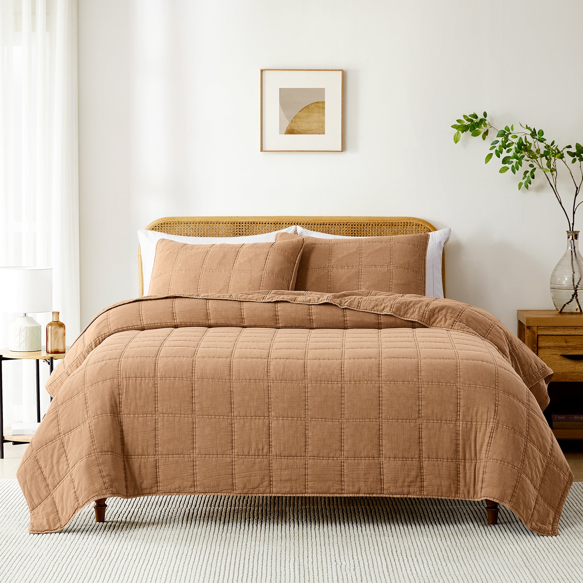 Logan Stone Washed Cotton Quilt Set - 3 Piece Bedding Set with Pillow Shams | Soft & Breathable Comforter for All Seasons | Perfect for Master Bedroom, Guest Room & Dorm Decor