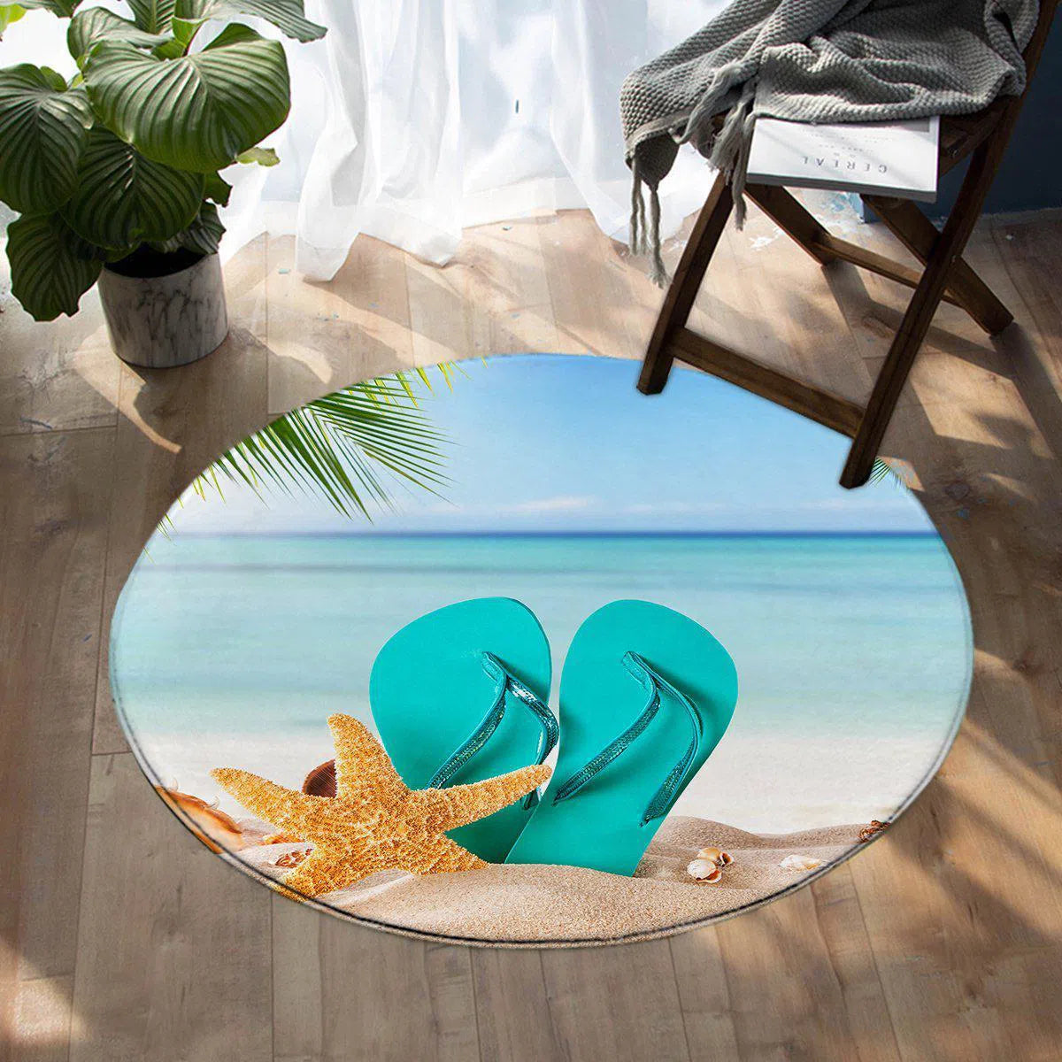 Non-Slip Flip Flops Beach Themed Round Area Rug - Soft & Durable for Living Room, Bedroom, or Outdoor Patio Decor