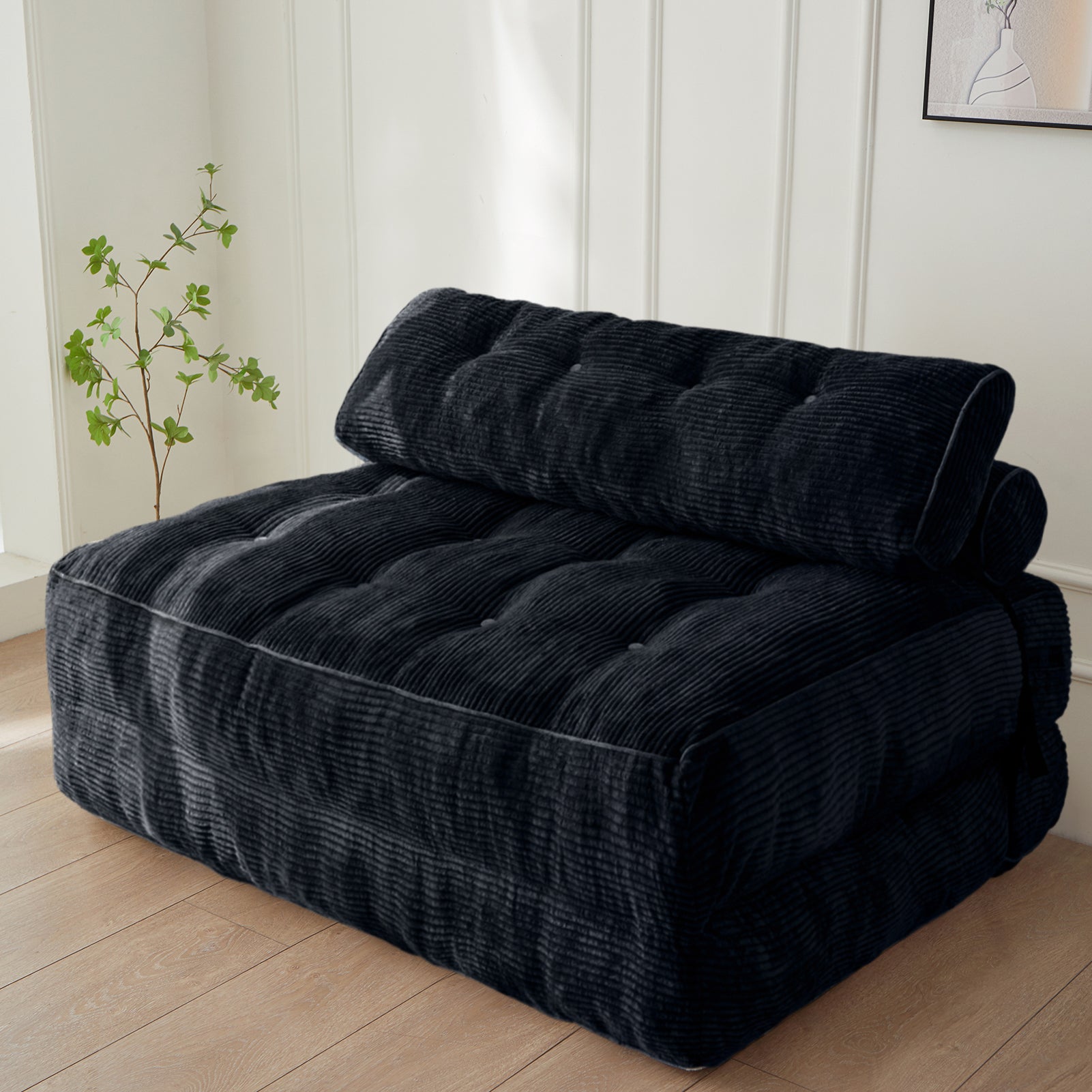 MAXYOYO Corduroy Folding Sofa Bed - Convertible Sleeper Chair with Pillow & Foldable Mattress - Double Size with Back Support (Black) - Perfect for Small Spaces, Guest Rooms & Studio Apartments
