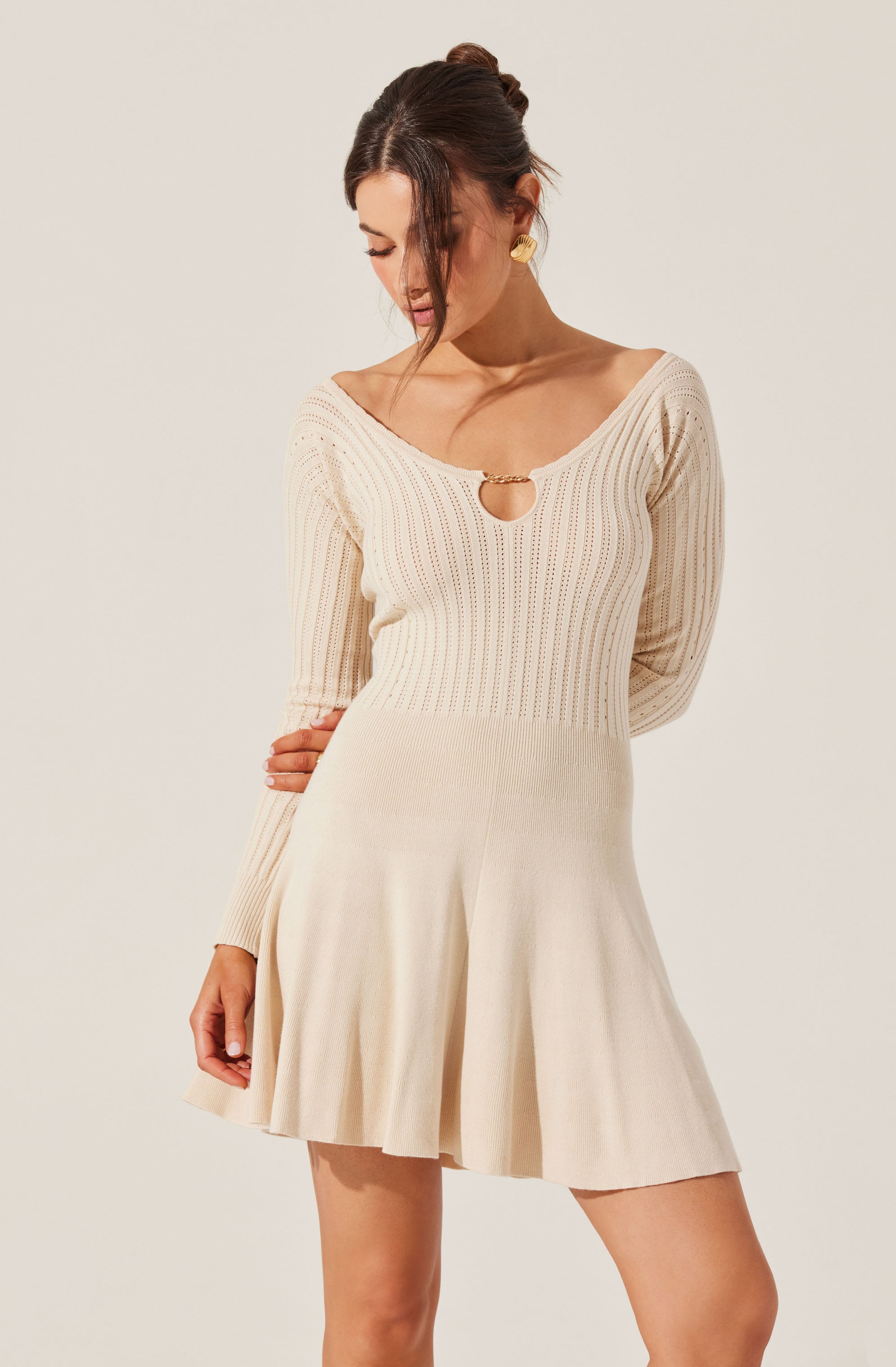 Cybele Pointelle Mini Sweater Dress for Women - Soft Knit Ribbed Short Sleeve Tunic Top - Perfect for Casual Outings, Date Nights & Fall Layering