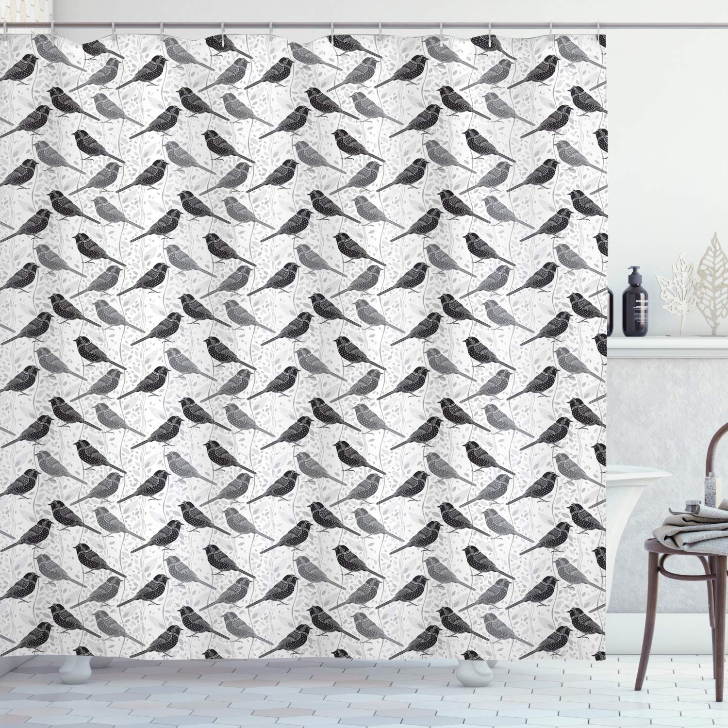 Ambesonne Birds Shower Curtain - Northern Mockingbirds Silhouette on Damask Leaves, Grey Black White Bathroom Decor Set with Hooks, 69