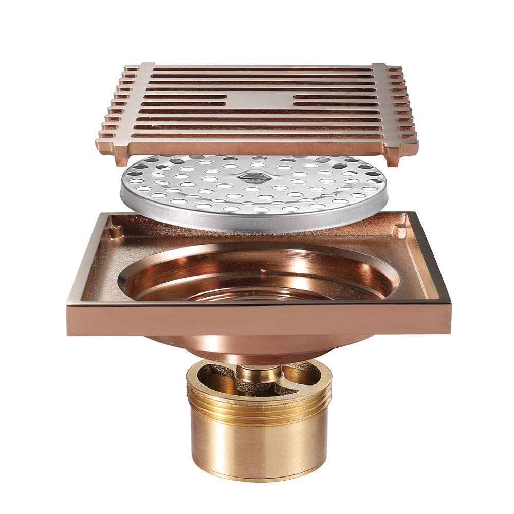 Premium 4 Inch Square Rose Gold Shower Drain - Brass Floor Drain with Removable Cover Grate for Bathroom & Shower Waste Drainage - Ideal for Modern Bathrooms, Spa Showers, and Luxury Home Renovations