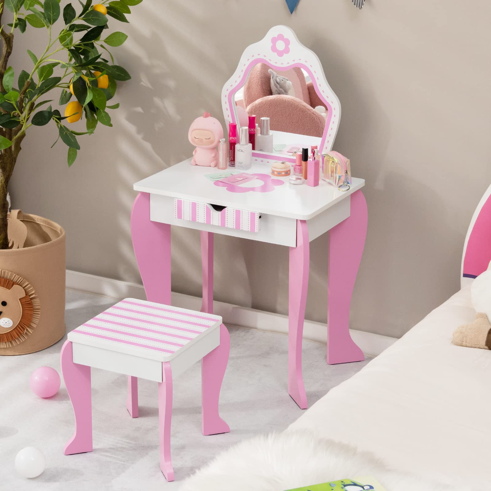 HONEY JOY Wooden Princess Makeup Table and Chair Set for Kids - Detachable Mirror & Storage Drawer, Pretend Play Vanity for Toddler Girls, Flower White - Perfect for Bedroom Decor & Birthday Gifts