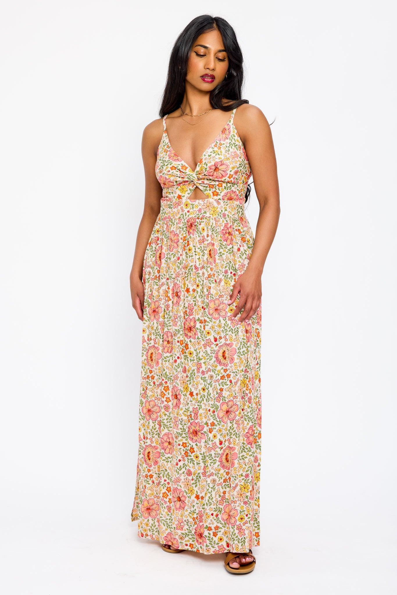 Floral Spaghetti Strap V-Neck Maxi Dress with Cut Out Detail - Elegant Summer Beach Dress for Vacation, Wedding Guest, or Date Night