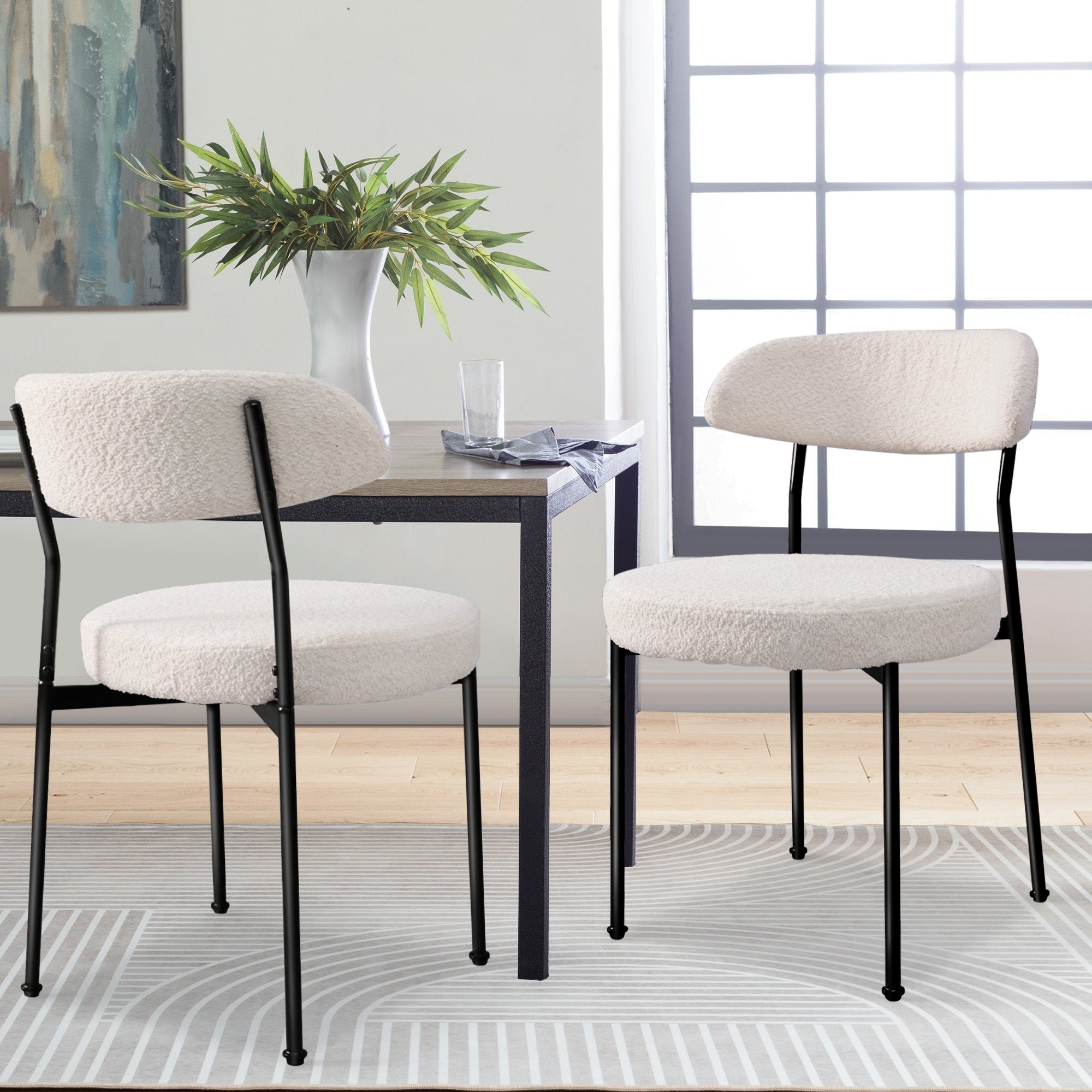 Boucle Upholstered Dining Chairs Set of 2 - Modern Curved Backrest & Sturdy Metal Legs, Beige Velvet Fabric for Dining Room, Kitchen, or Home Office
