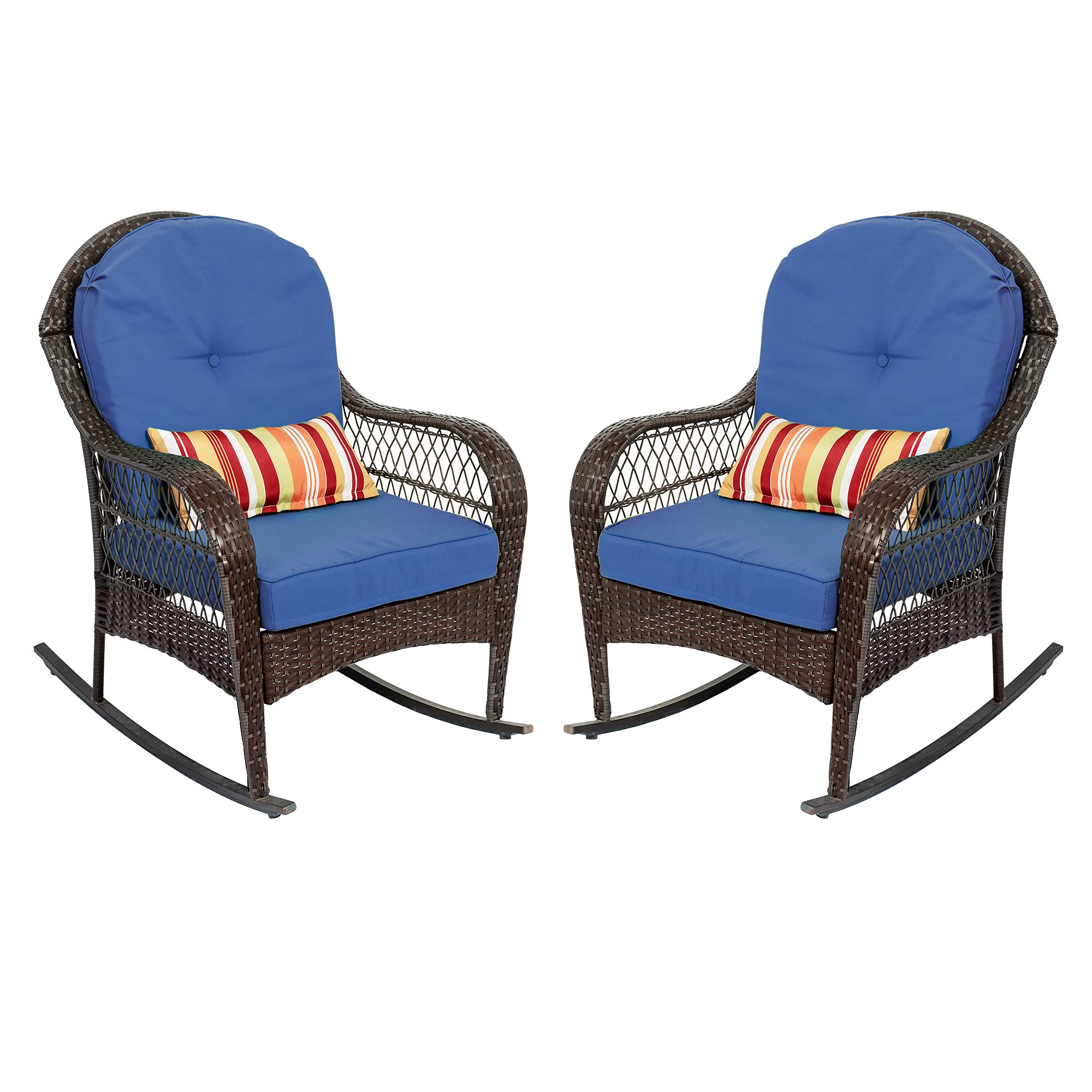 Sundale Outdoor Rocking Chairs Set of 2 - Patio Wicker Rattan Rocker Chairs with Cushion & Pillow, Steel Frame Porch Furniture in Brown & Navy Blue - Perfect for Backyard, Garden, Deck & Poolside Relaxation