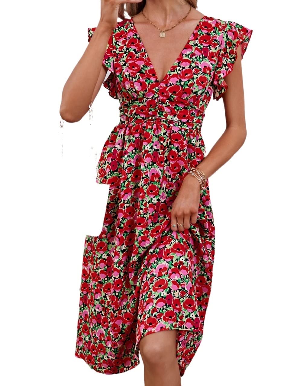 **IFAJOOR Women's Floral Print Ruffle Trim Summer Dress - Casual Sleeveless Maxi Dress for Beach, Vacation & Outdoor Activities (Multicolor, Large)**